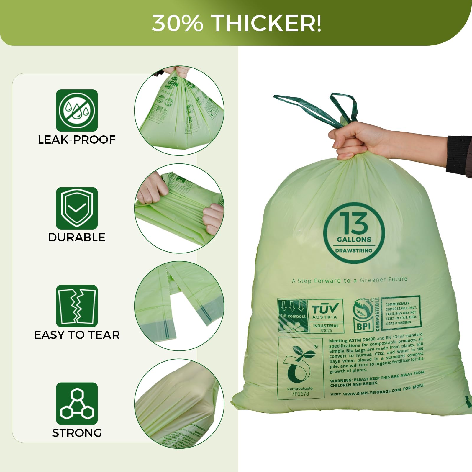 13 Gallon Compostable Trash Bags with Drawstring (30 Count)