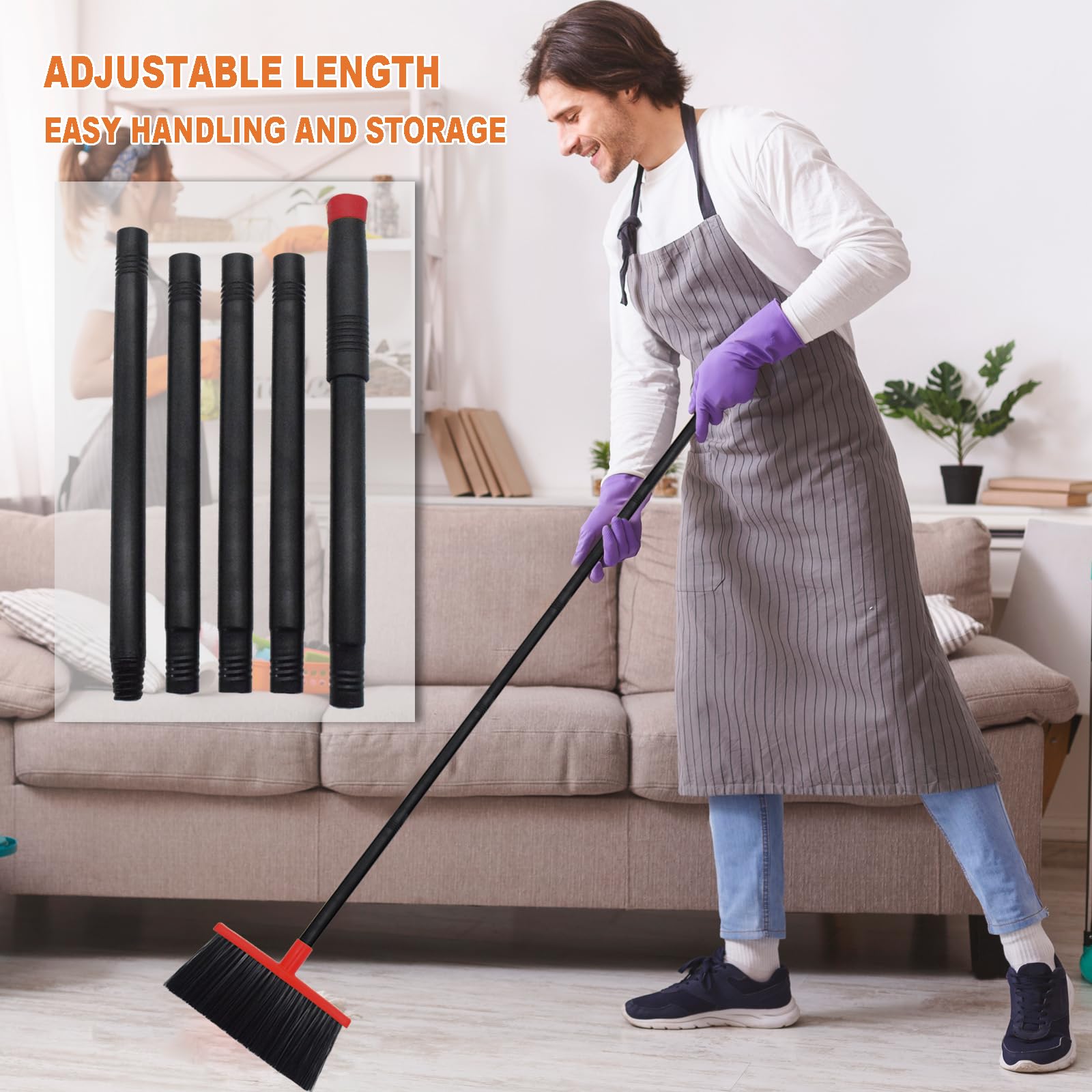 Small Broom Stiff Bristles Brush with Long Handle Indoor or Outdoor Compact Broom for Sweeping Patio Garage Garden