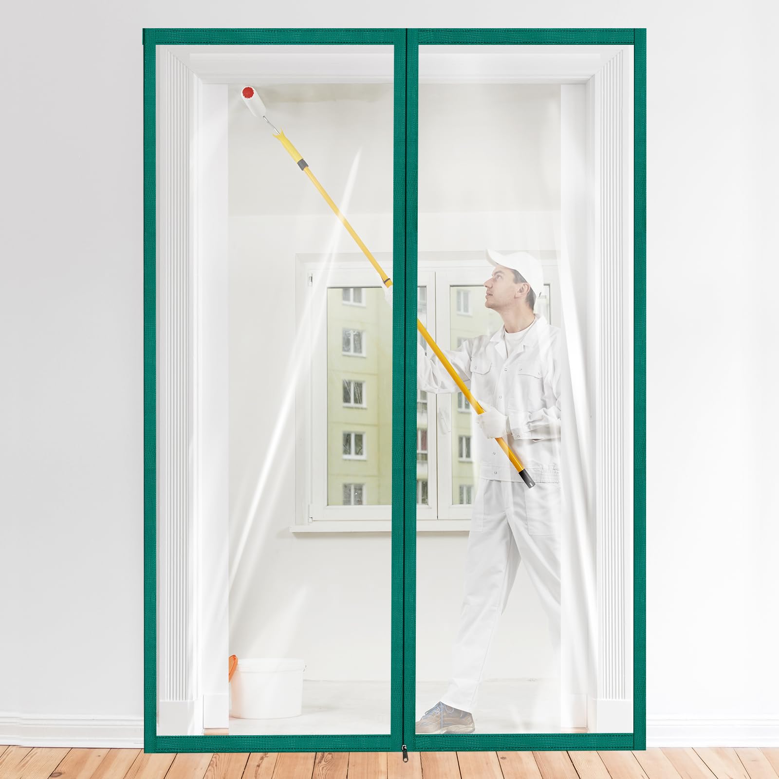 Zipper 60 x 102 Inch Dust Barrier Kit Construction Door Barrier 5 x 8.5 ft Reusable Plastic Curtain Cover Containment Standard Doorway Temporary Wall Screen Green Sheeting for Bathroom Hallway