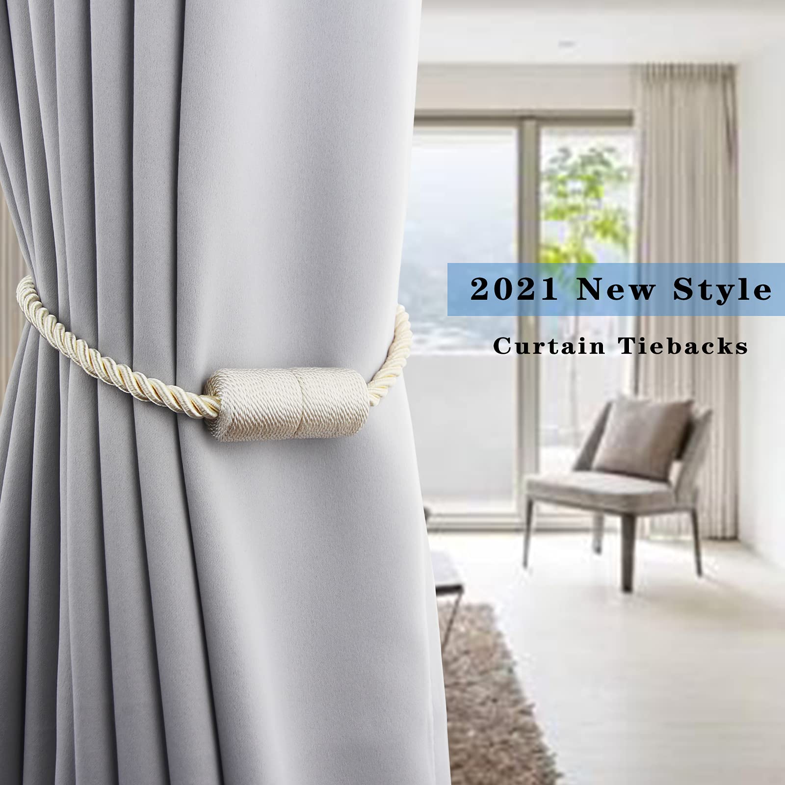 6 Pack Beige Strong Magnetic Curtain Tiebacks Outdoor Elegant Decorative Tie Backs Modern Rope Tiebacks for Drapes Window Curtain Holdbacks for Draperies (6 Count)