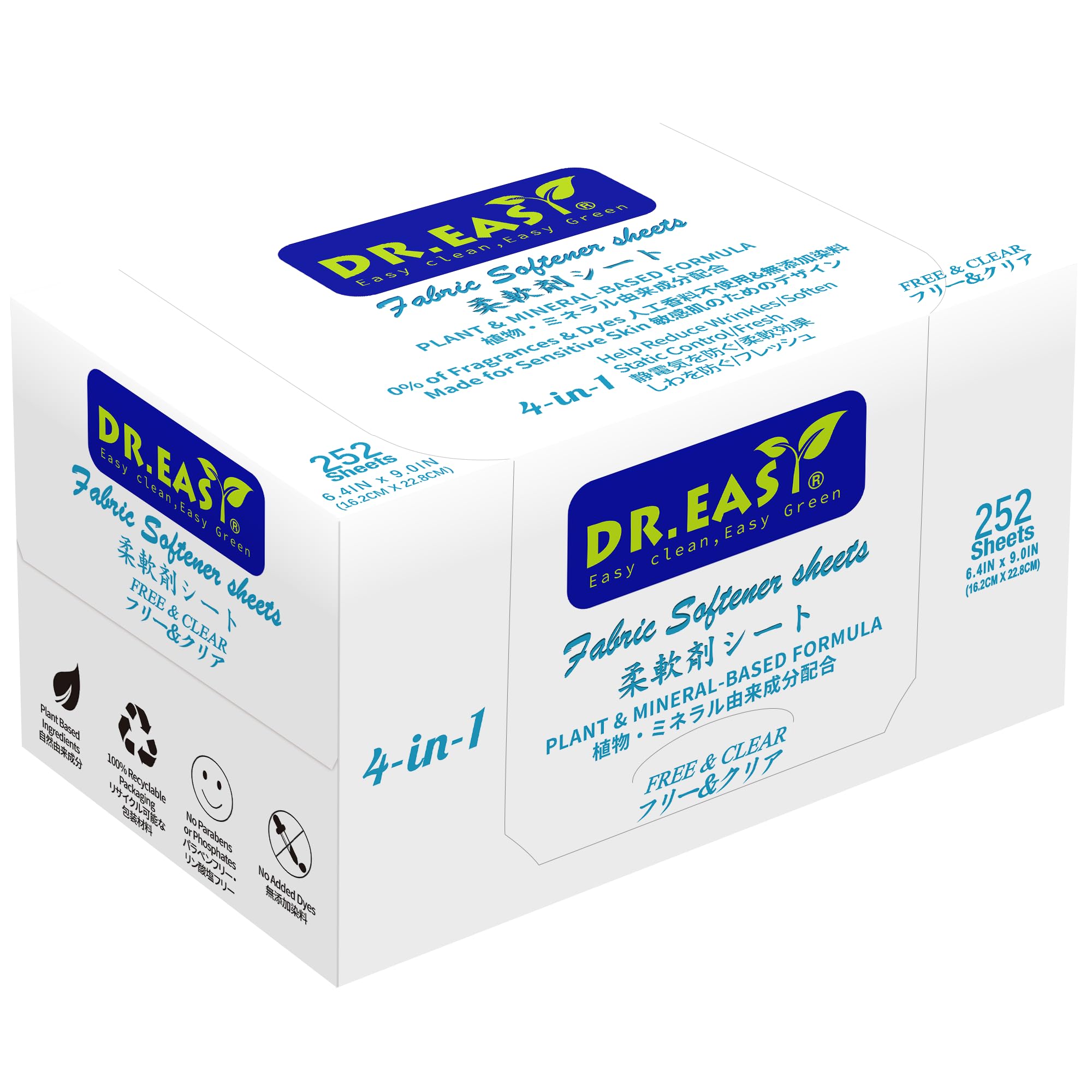 DR.EASY Dryer Sheets Plant Based Formula 252 Ct Fabric Softener sheets for Laundry Free & Clear Essential Oil Scented No Artificial Fragrances No Dyes Reduce Static & Wrinkles Help Repel Pet Hair (252 Count)