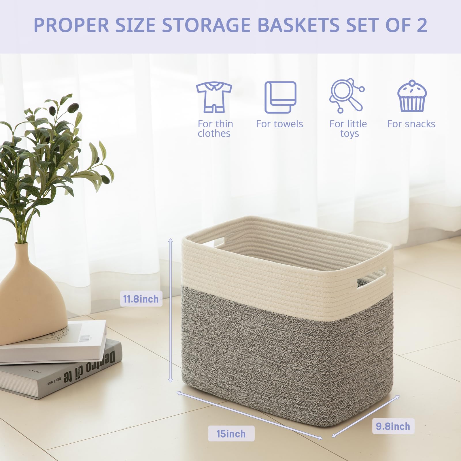 2 PACK Tall Storage baskets 30L Blanket Basket Living Room Grey