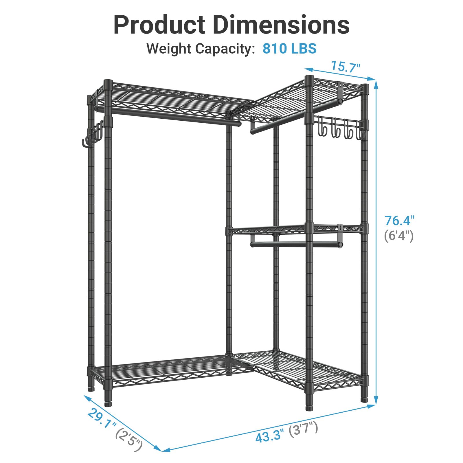 L4 Clothing Rack for Hanging Clothes Heavy Duty Closet for Corner