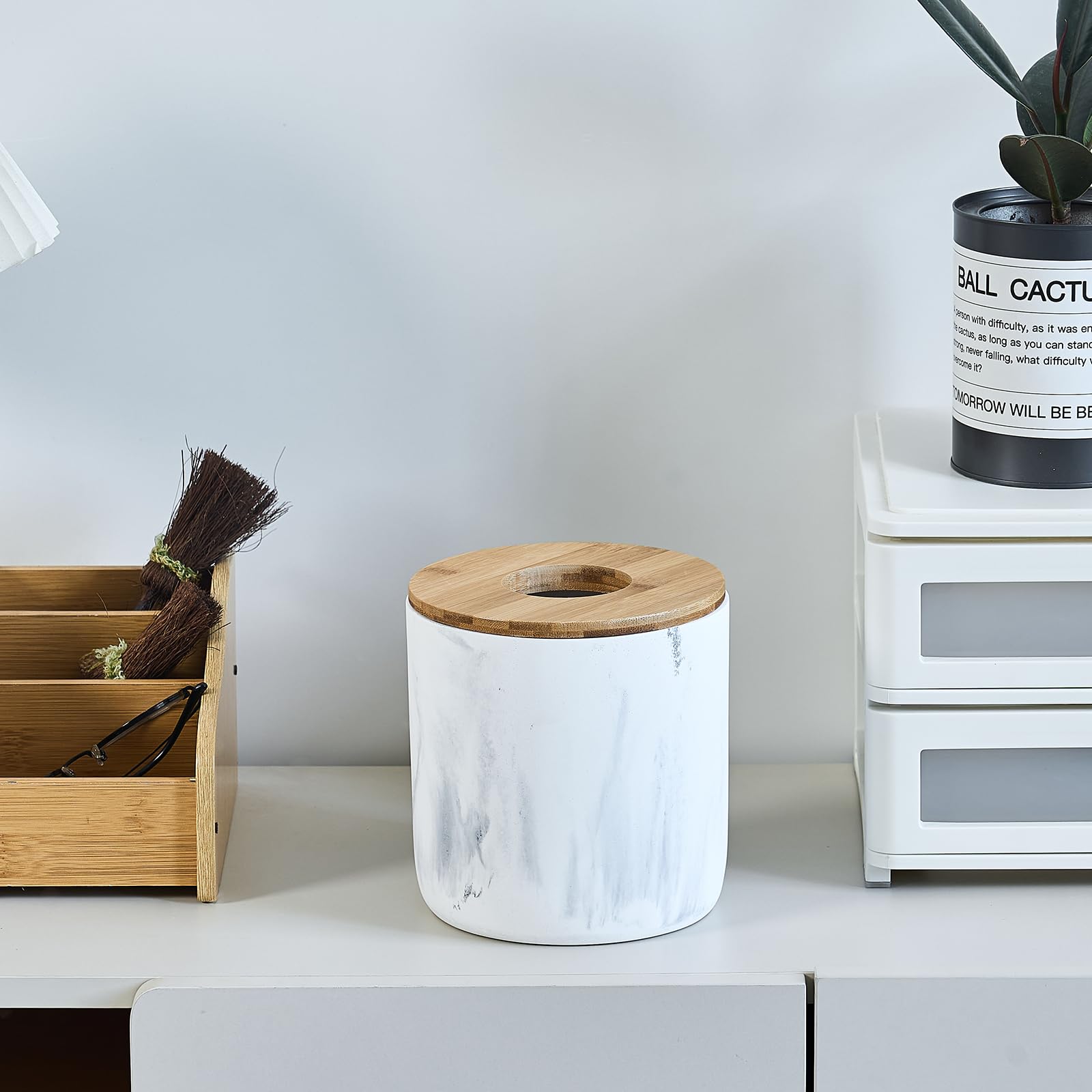 Marble White Mini Trash Can with Bamboo Lid