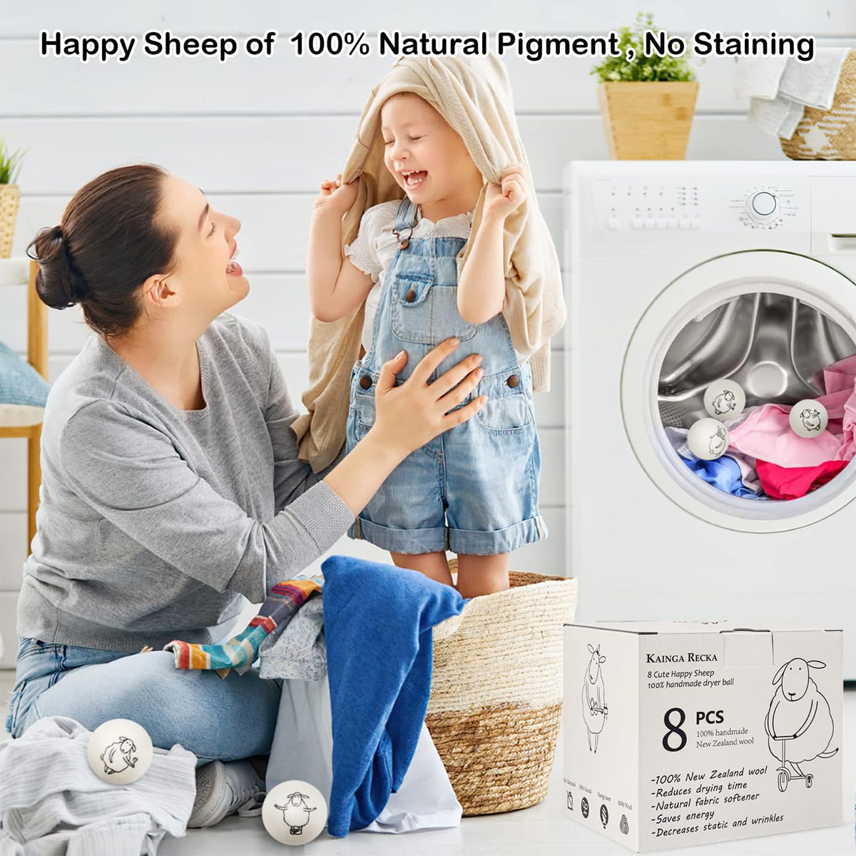 8PCS Wool Dryer Balls with Happy Sheep (8 Count)
