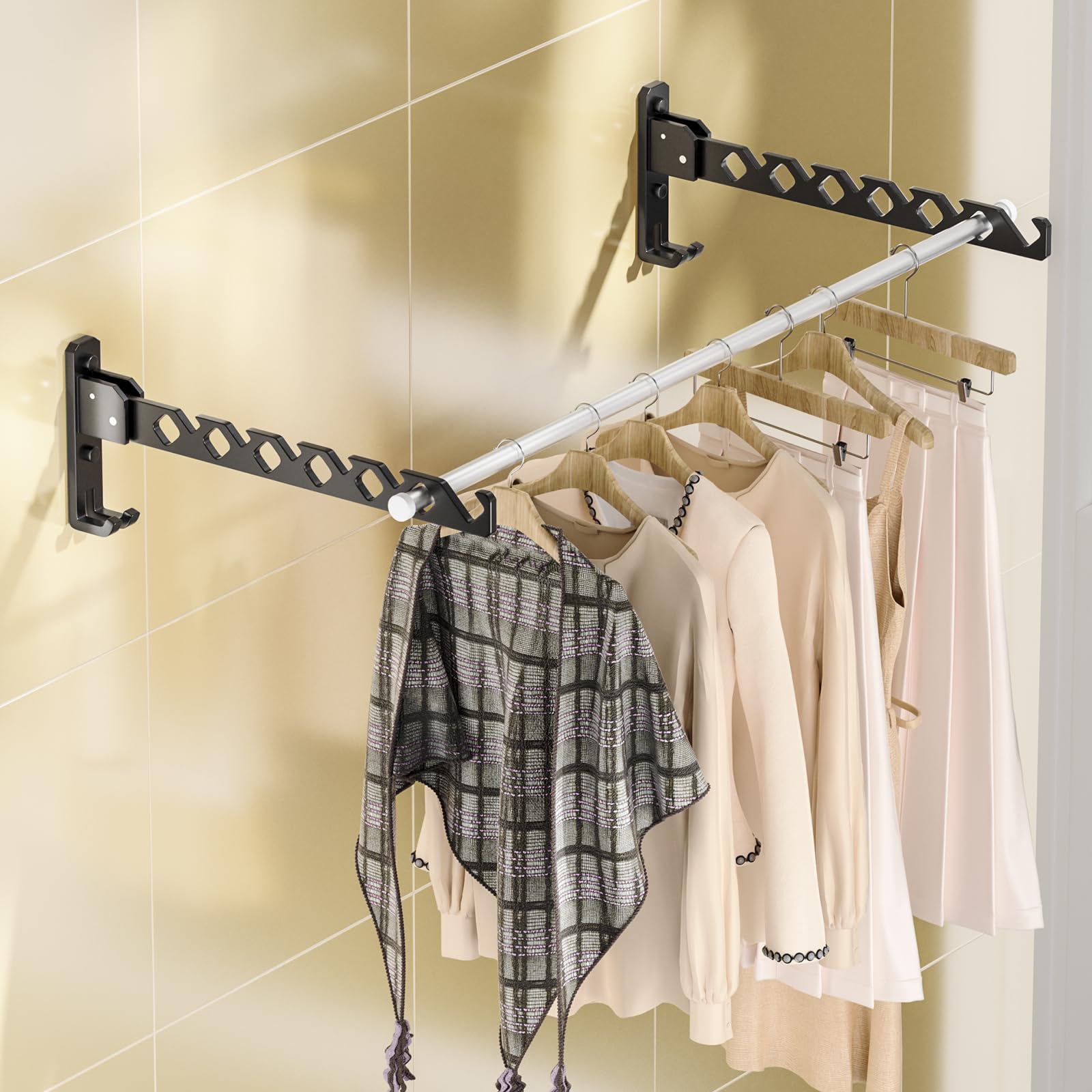 Wall Mount Coat Hanger Holder Black Clothes Drying Organizer Rack Garment Hooks Aluminium Retractable Folding Indoor Wall Mounted Hanger for Laundry Room Bedroom Black 2Pack with 80cm Rod