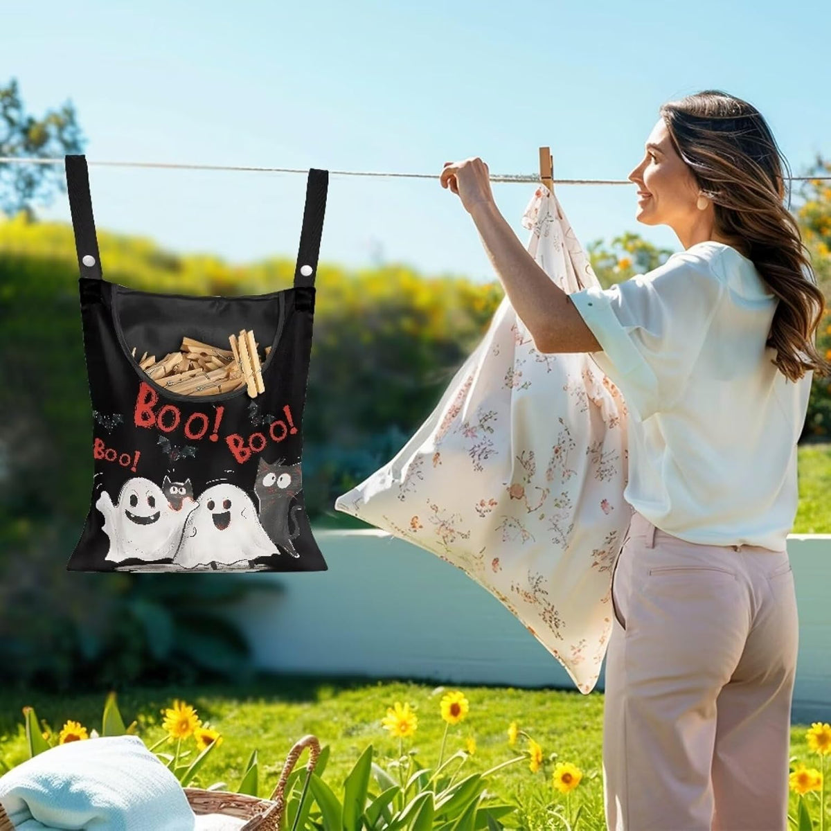 Cute Ghost Clothespin Bag Laundry Hanging Storage Organizer with Rope Clothespin Holder with an Extra Large Opening for Clothesline Outdoor Clothespin Storage with Hanger Hook
