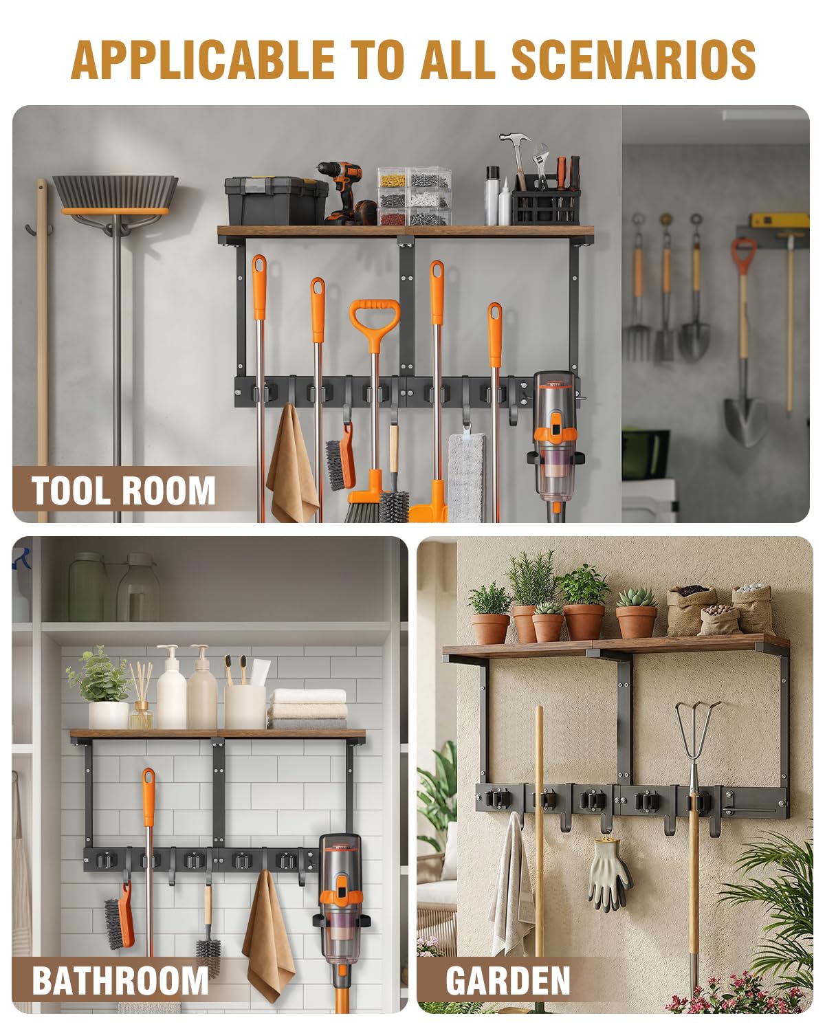 Large Broom Holder Wall Mount with Shelf