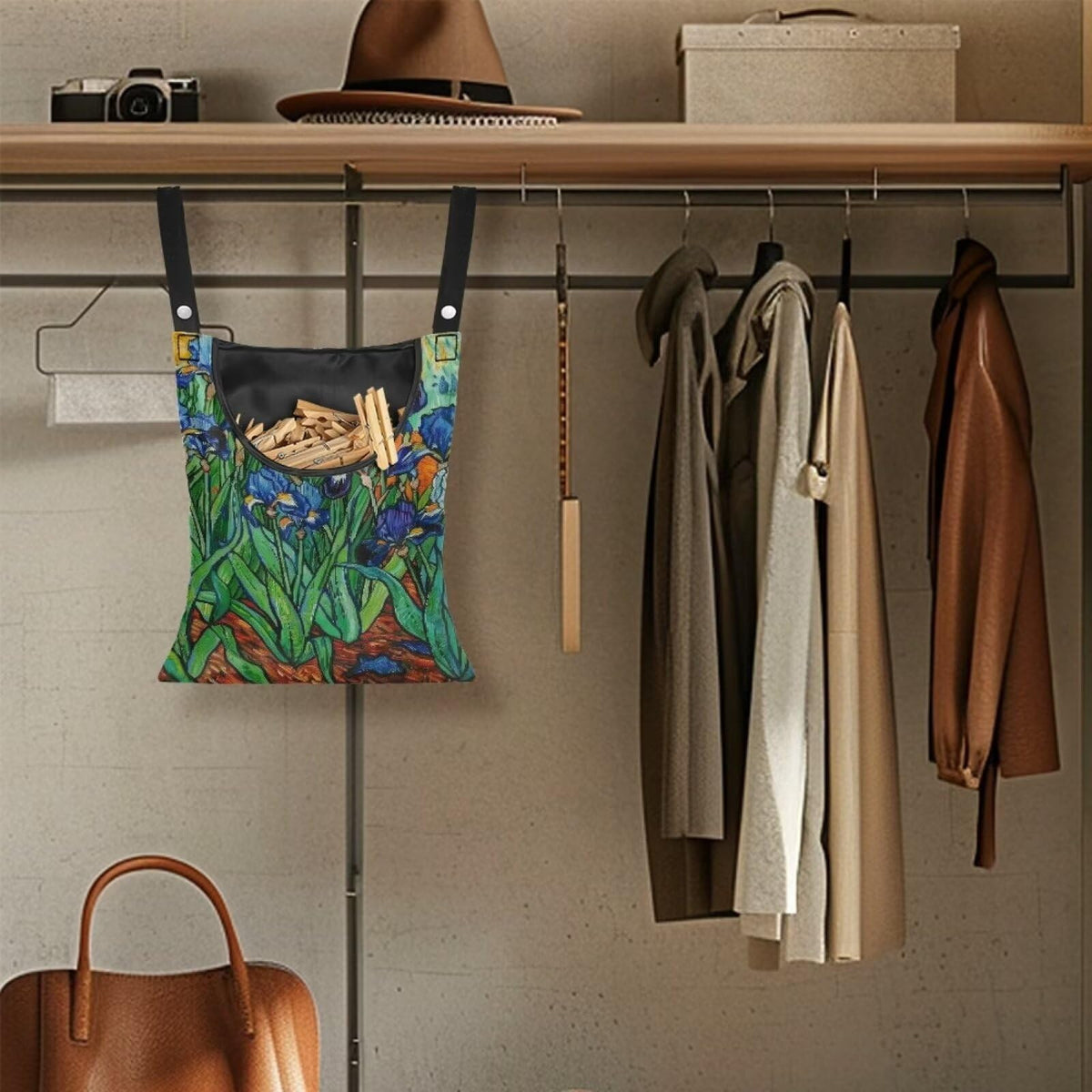 Floral Print Clothespin Organizer Bag Fashion Clothespin Storage Organizer with Large Opening Rotatable Clothespin Storage Bag Laundry Clothespin Bags