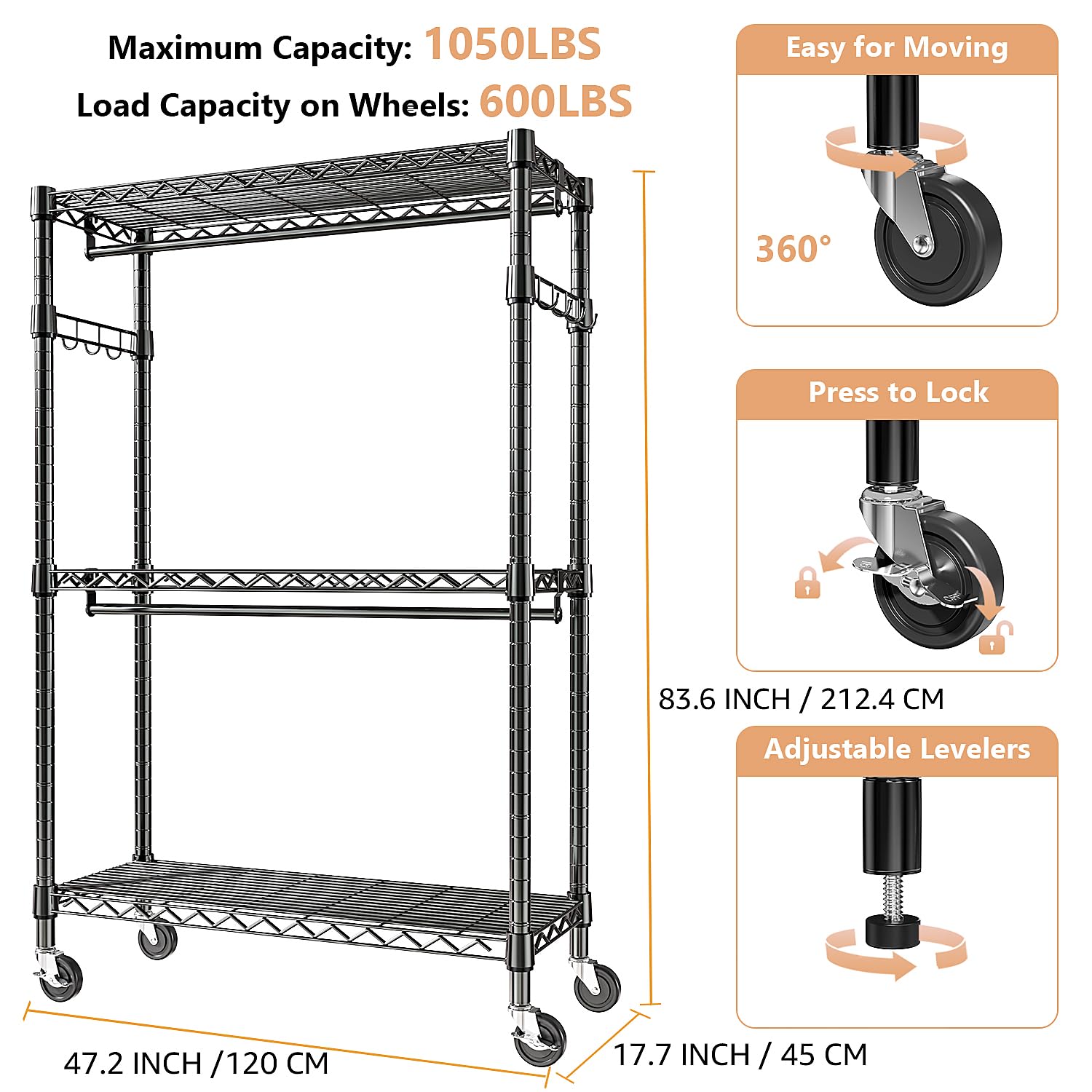 Heavy Duty Rolling Garment Rack 3 Tiers Adjustable Wire Shelving Clothes Rack with 2 Rods and Side Hooks