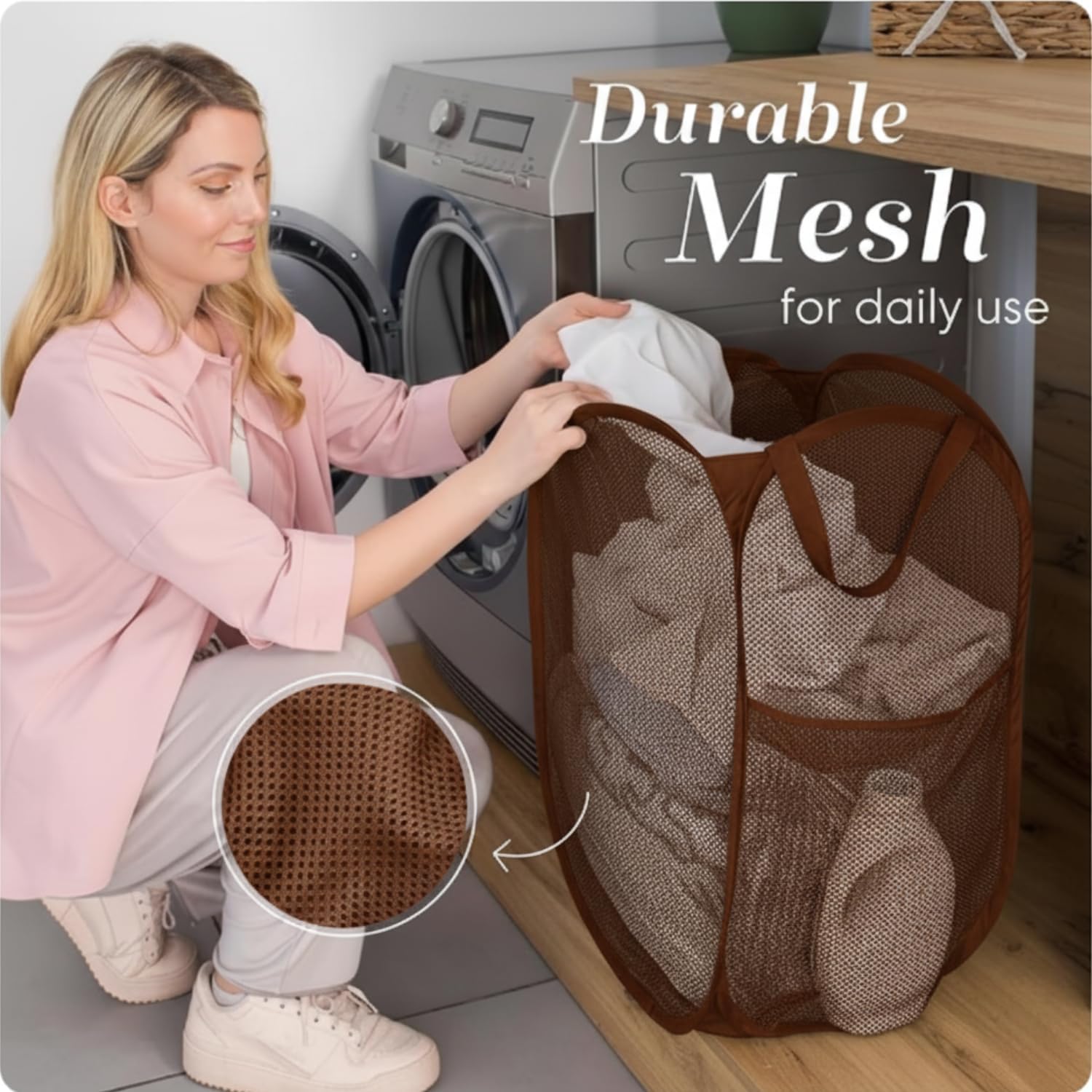 Collapsible Mesh Pop Up Laundry Hamper with Side Pocket