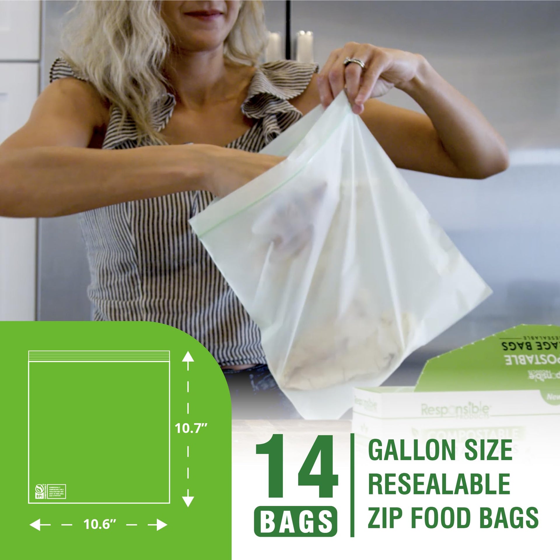 Certified Compostable Large GALLON Resealable Zip Bag (14 Count)