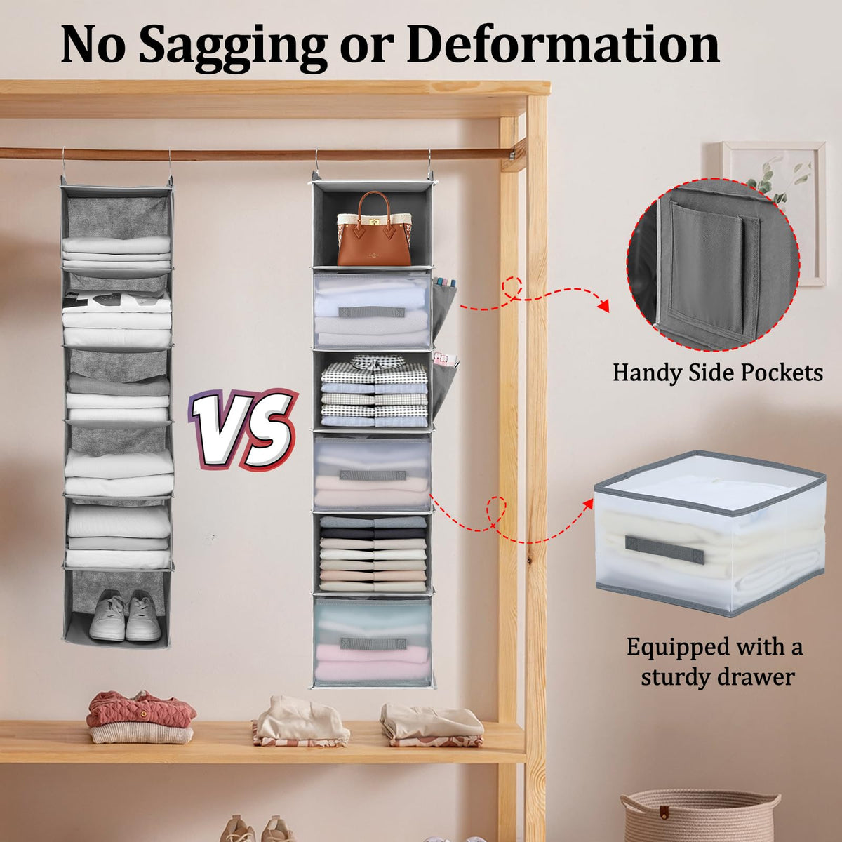 6 Shelf Hanging Closet Organizer with 3 Drawers & Side Pockets