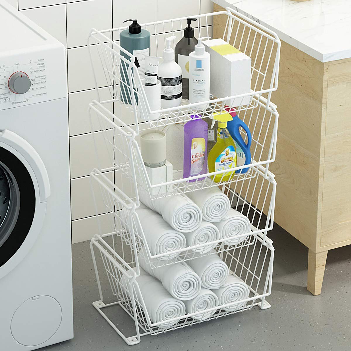 4 Tier Large Stackable Wire Storage Baskets with Wheels