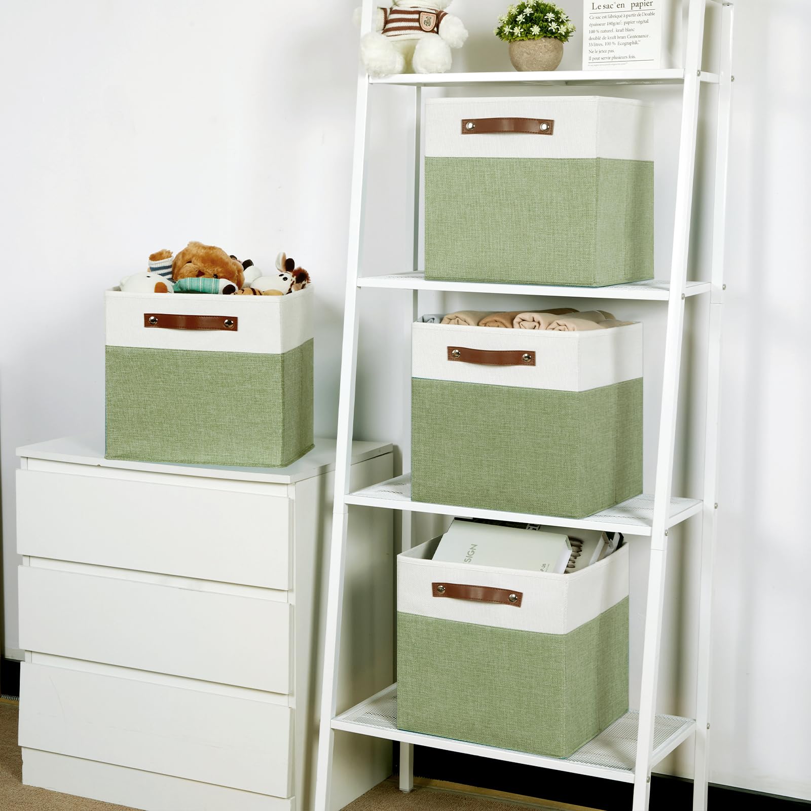 12 Inch Fabric Storage Cubes Storage Bins with Leather Handles