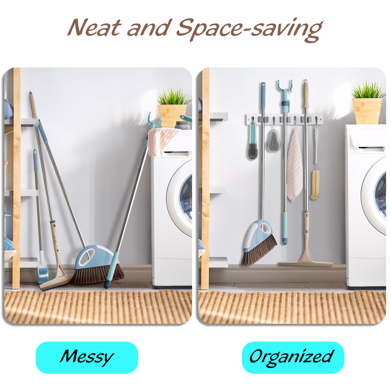 White Mop Broom Holder Wall Mount with 3 Slots & 4 Hooks