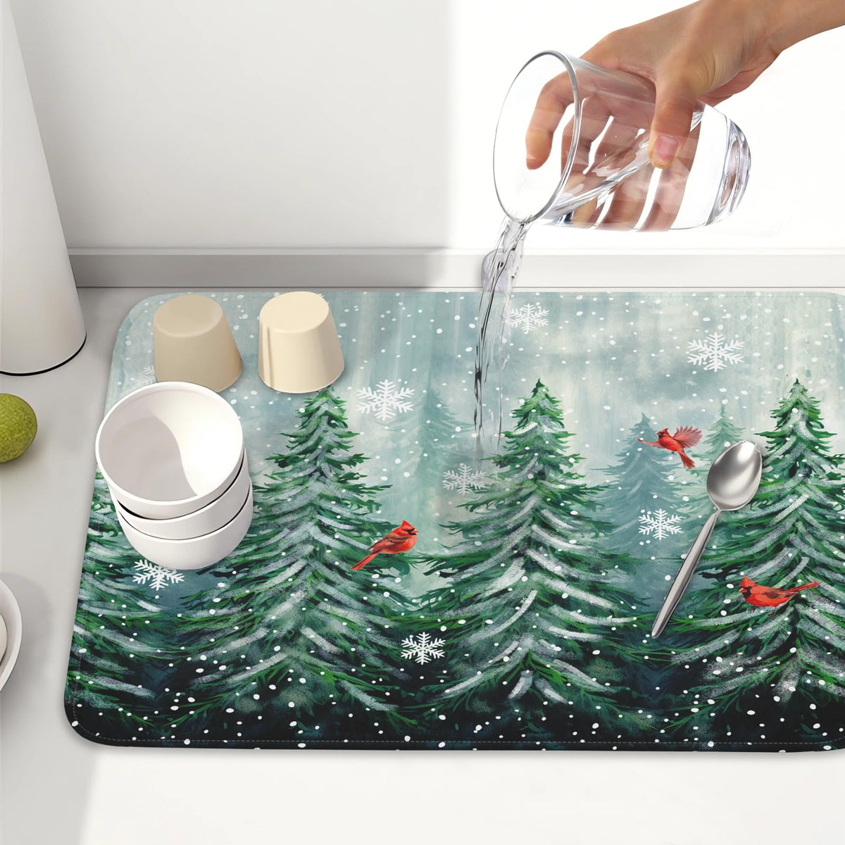 Winter Pines Tree Dish Drying Mats for Kitchen Counter