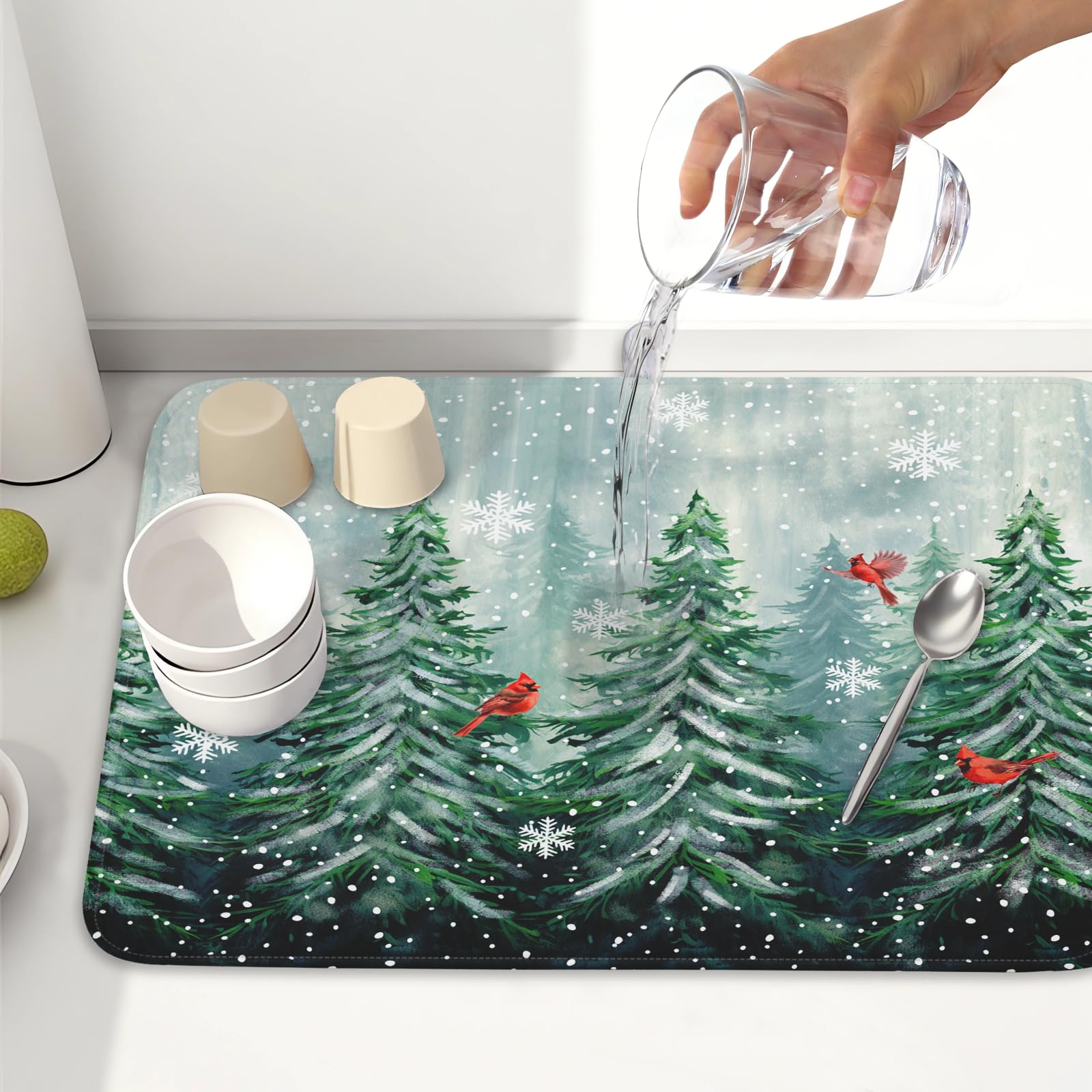 Winter Pines Tree Dish Drying Mats for Kitchen Counter