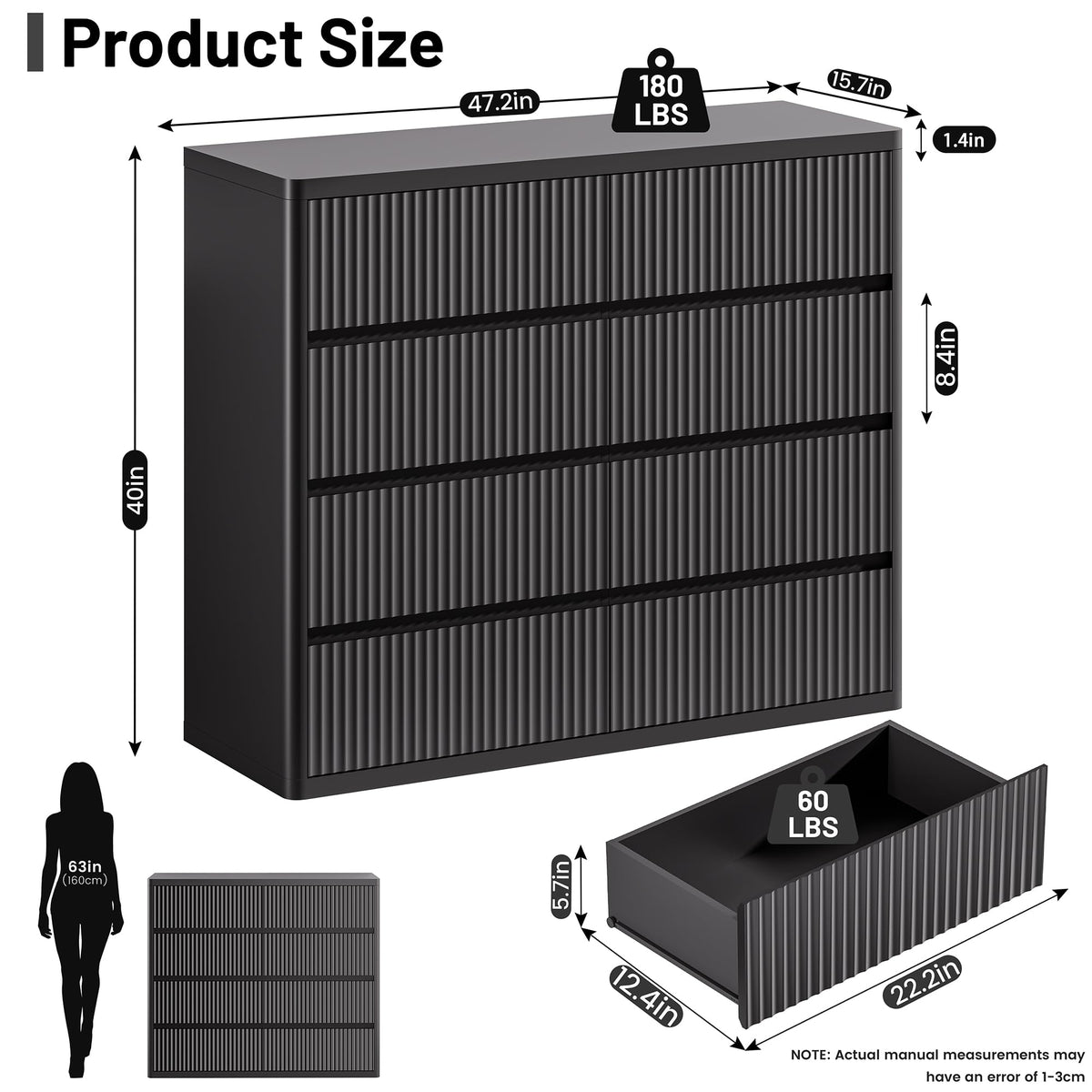 Black 8 Drawers Dresser for Bedroom