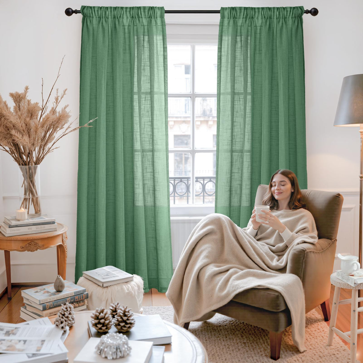 Green Linen Semi Sheer Curtains 72 Inch Length (2 Count)
