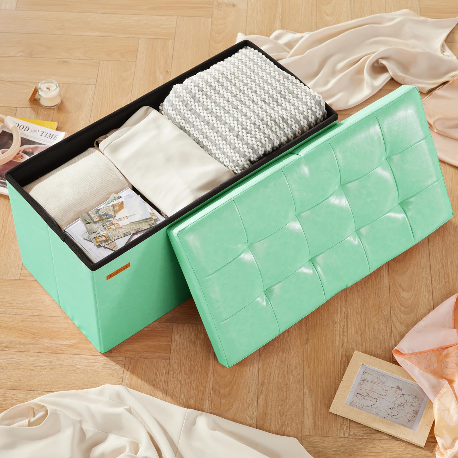 Ottoman with Storage Bench Folding Foot Rest Stool Teal