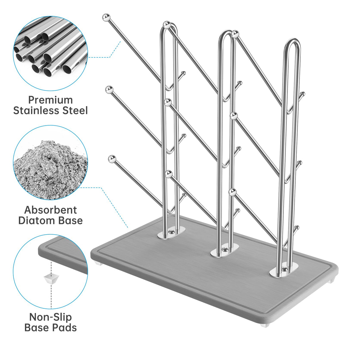 Baby Bottle Drying Rack with Diatomite Base & Stainless Steel Frame