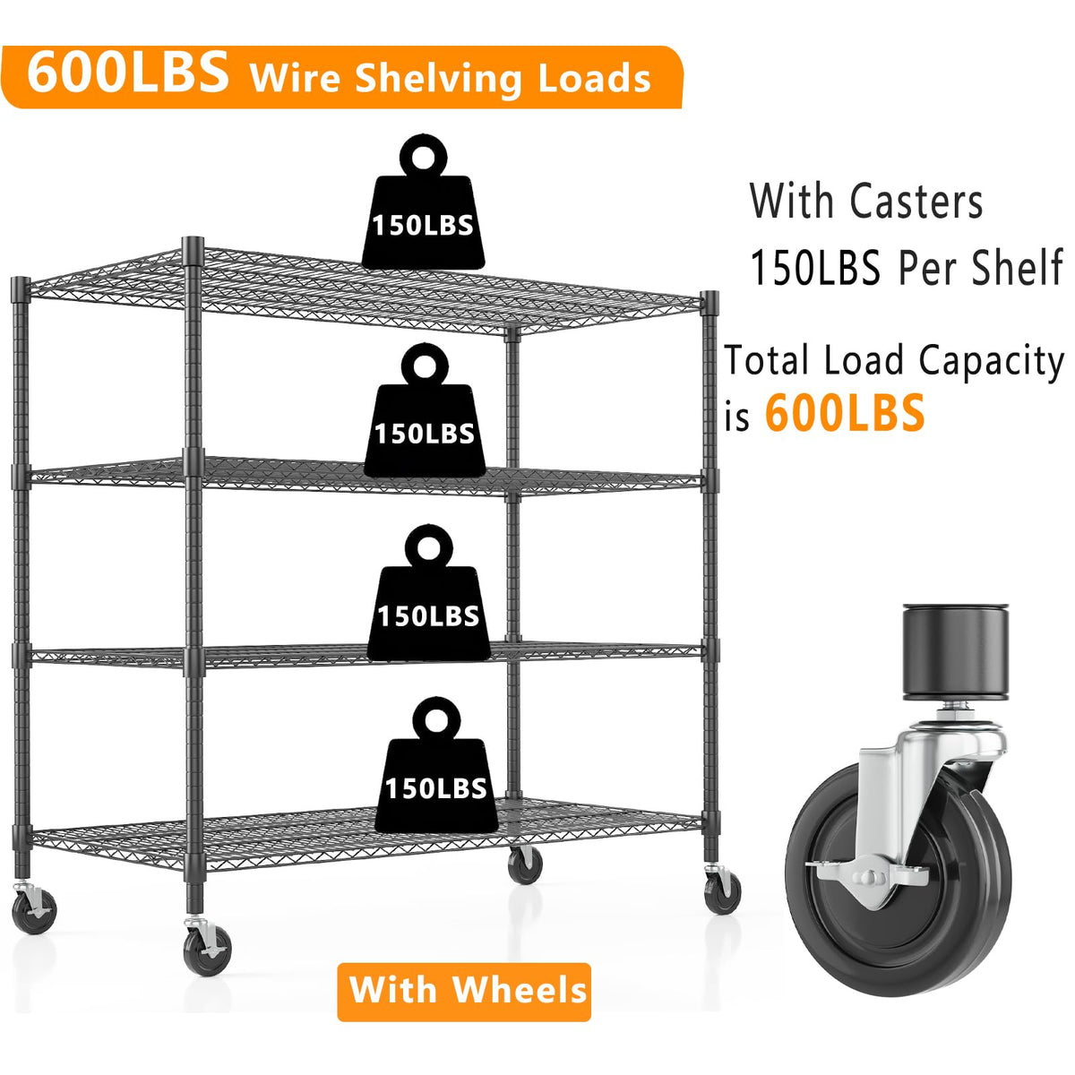 4 Tier Wire Shelving with Wheels Heavy Duty Height Adjustable Metal Shelves for Storage