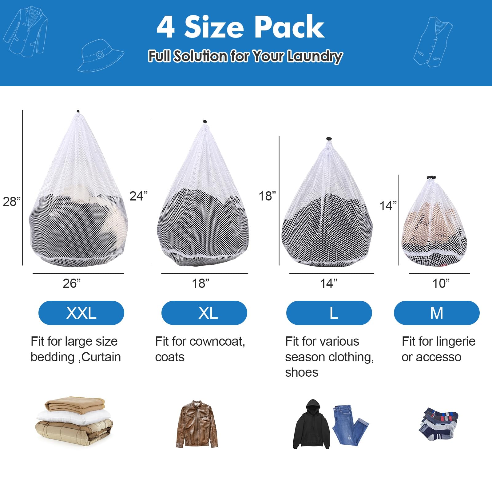 4Pcs Mesh Laundry Bags Washing Machine Mesh Wash Bags for Clothes (4 Count)