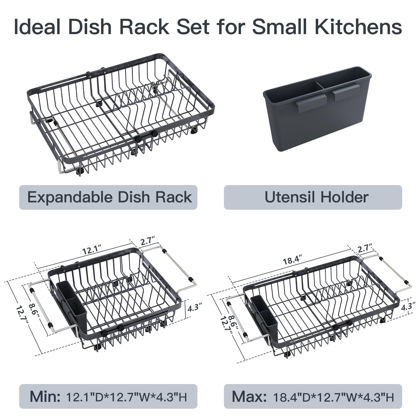Grey Dish Drying Rack Over The Sink with Utensil Holder