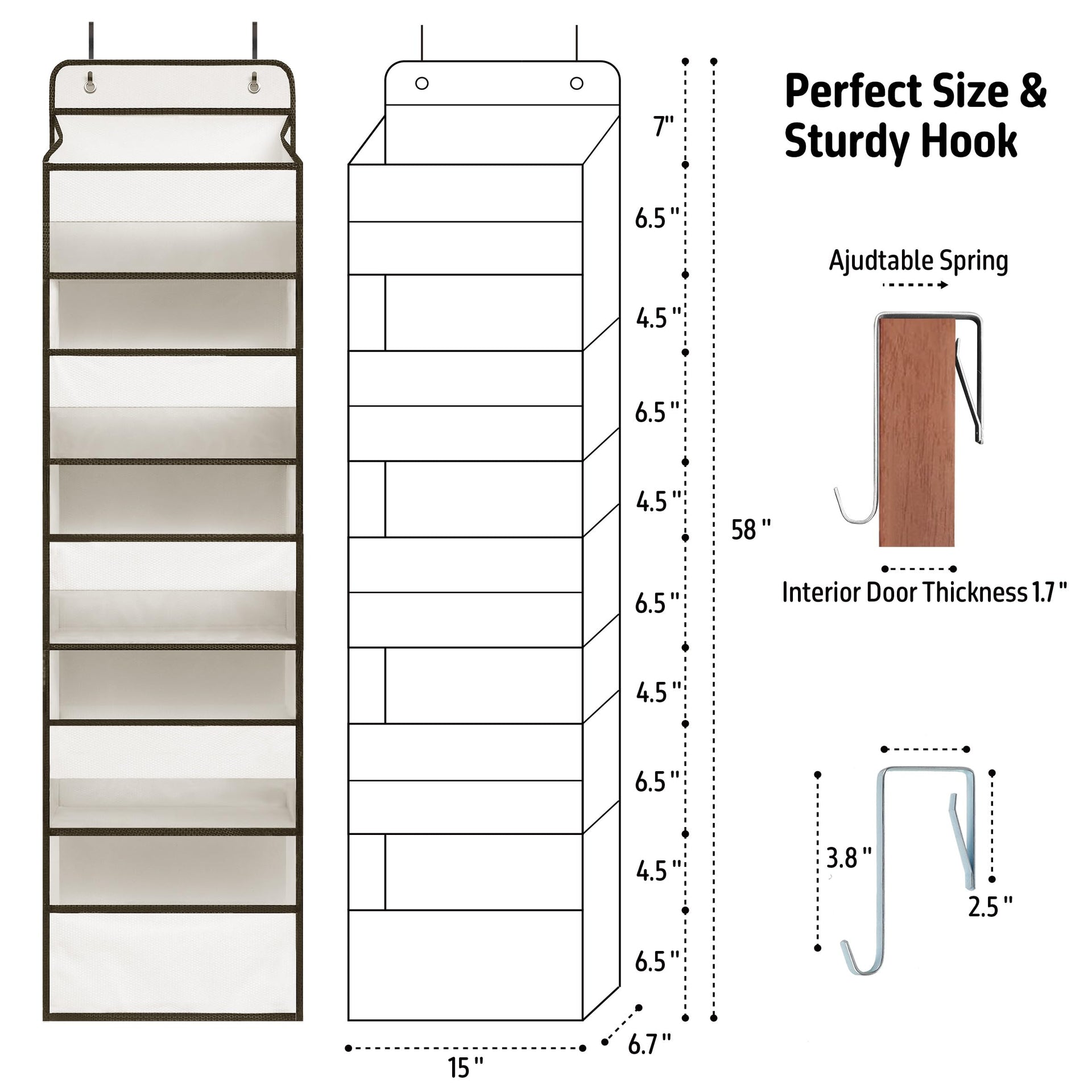 White Over Door Organizer with 5 Large Clear Pockets and 6 Side Mesh Pockets