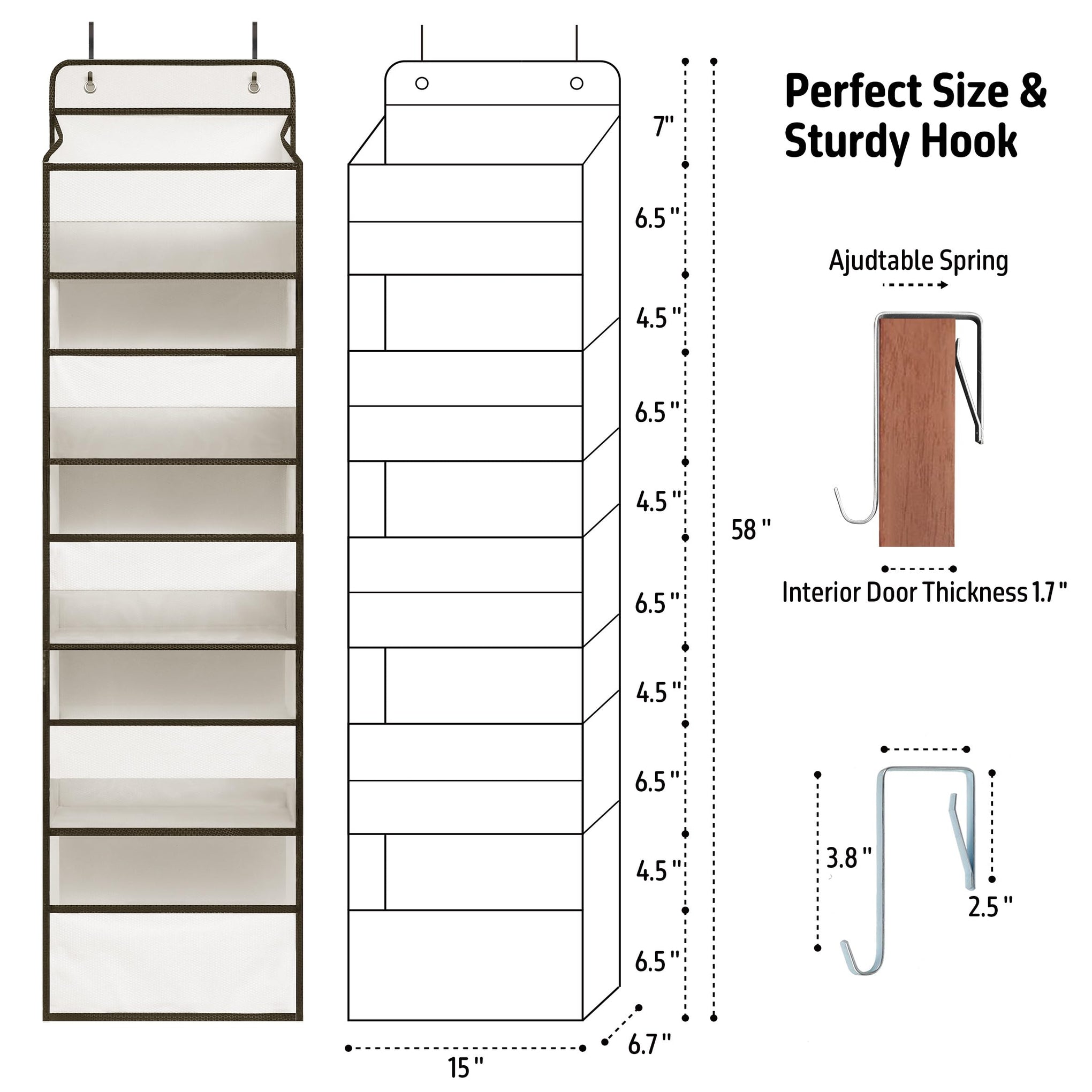 White Over Door Organizer with 5 Large Clear Pockets and 6 Side Mesh Pockets