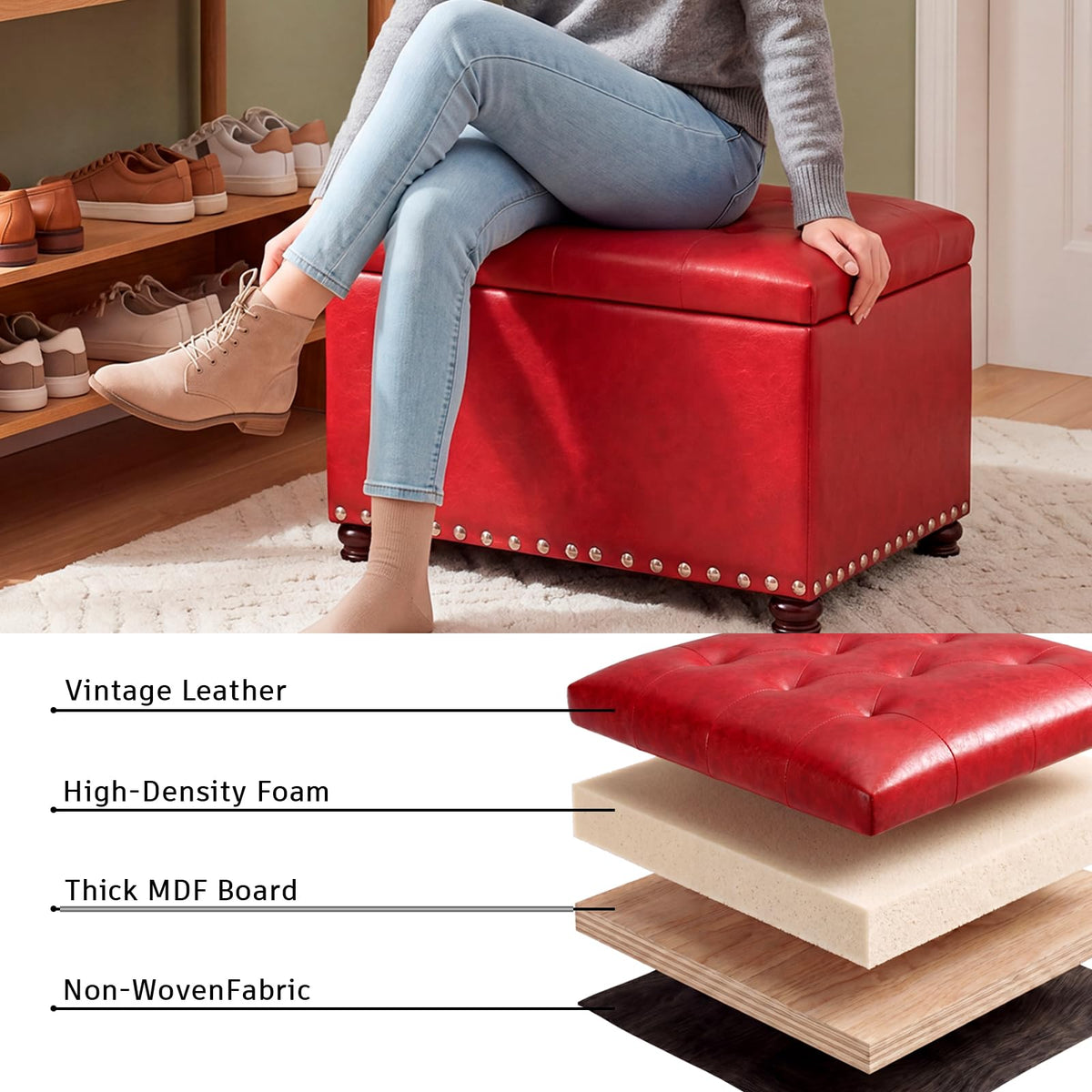 24'' Leather Storage Ottoman Rectangular Foot Rest Stool with Nailhead Trim for Bedroom Living Room