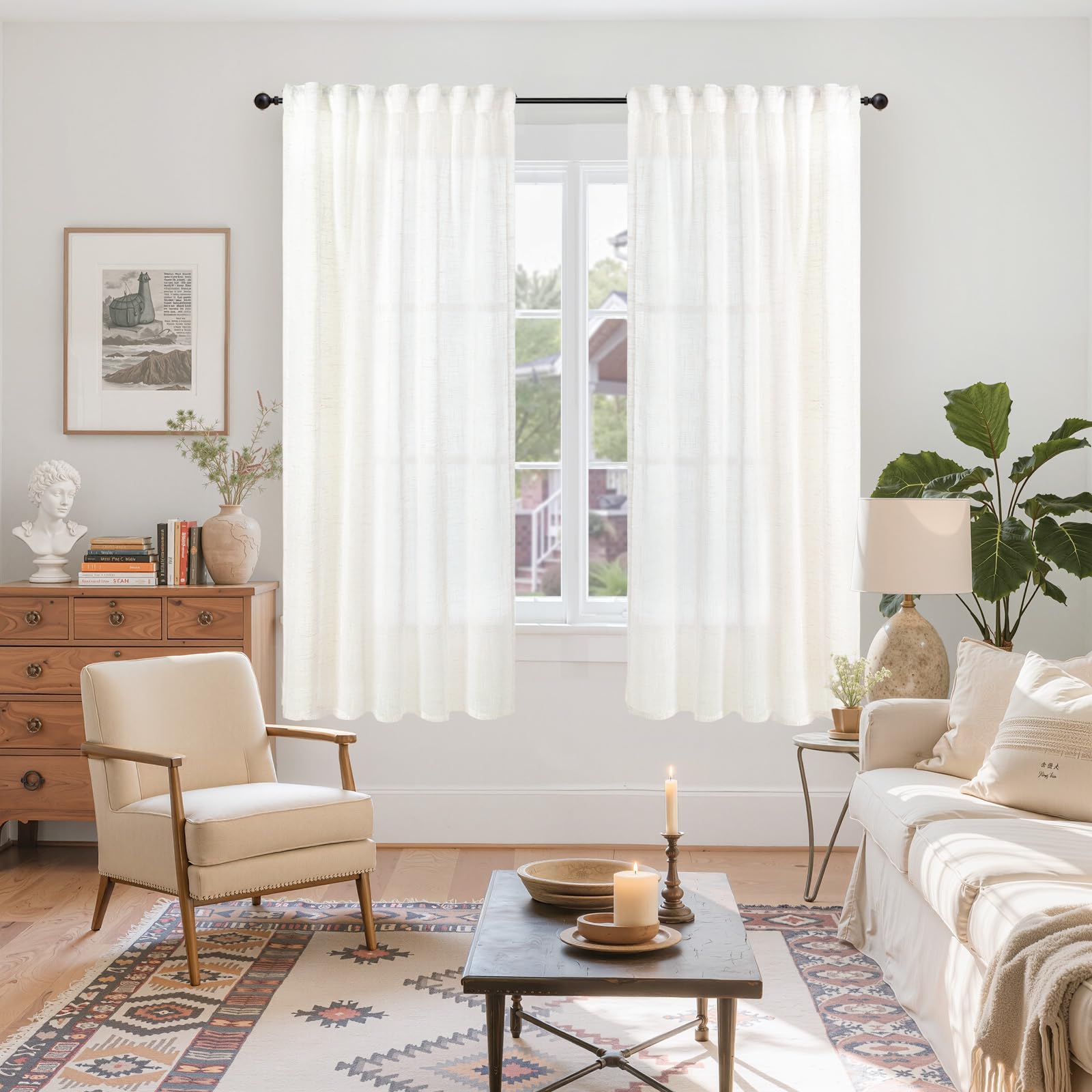 Ivory White Linen Curtains 63 Inch Length for Living Room (2 Count)