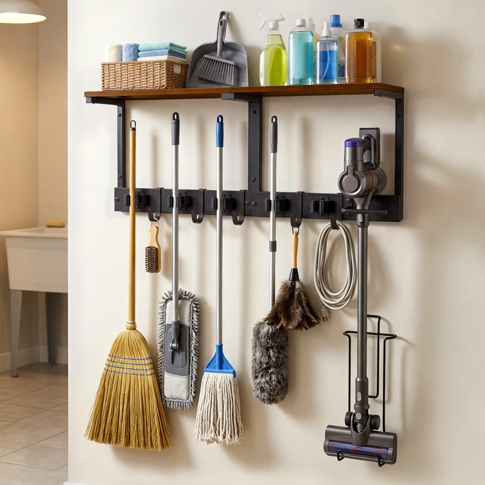 Heavy Duty Broom Holder Wall Mount with Cleaning Supplies Organizer