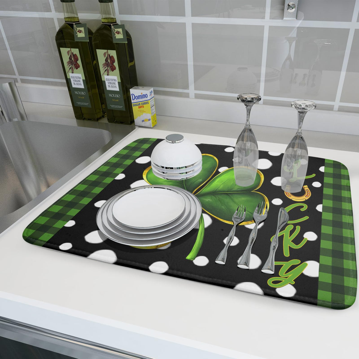 St. Patrick's Day Dish Drying Mats 18x24 Inch Green Clover Shamrock Lucky Kitchen Mat Polka Dot Microfiber Drying Mats Ultra Absorbent Reversible Dishes Drying Rack Pad for Kitchen Countertops