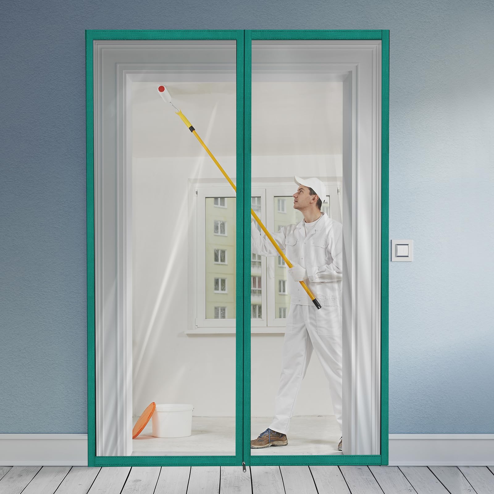 Zipper 48 x 87 Inch Dust Barrier Kit Green Edged Temporary Construction Door Barrier 4 x 7.25 ft Reusable Plastic Curtain Cover Containment Doorway Wall Screen Sheeting for Bathroom Hallway