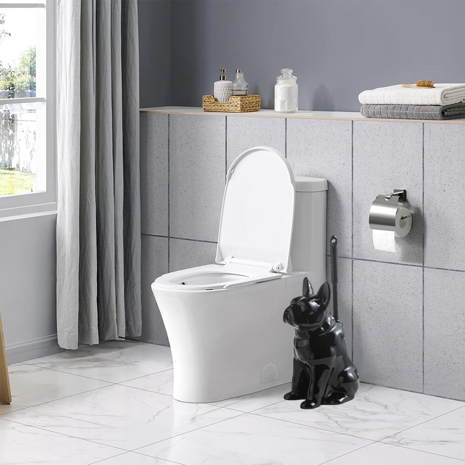Ceramic Dog Black Toilet Brush and Holder Set with Plastic Handled