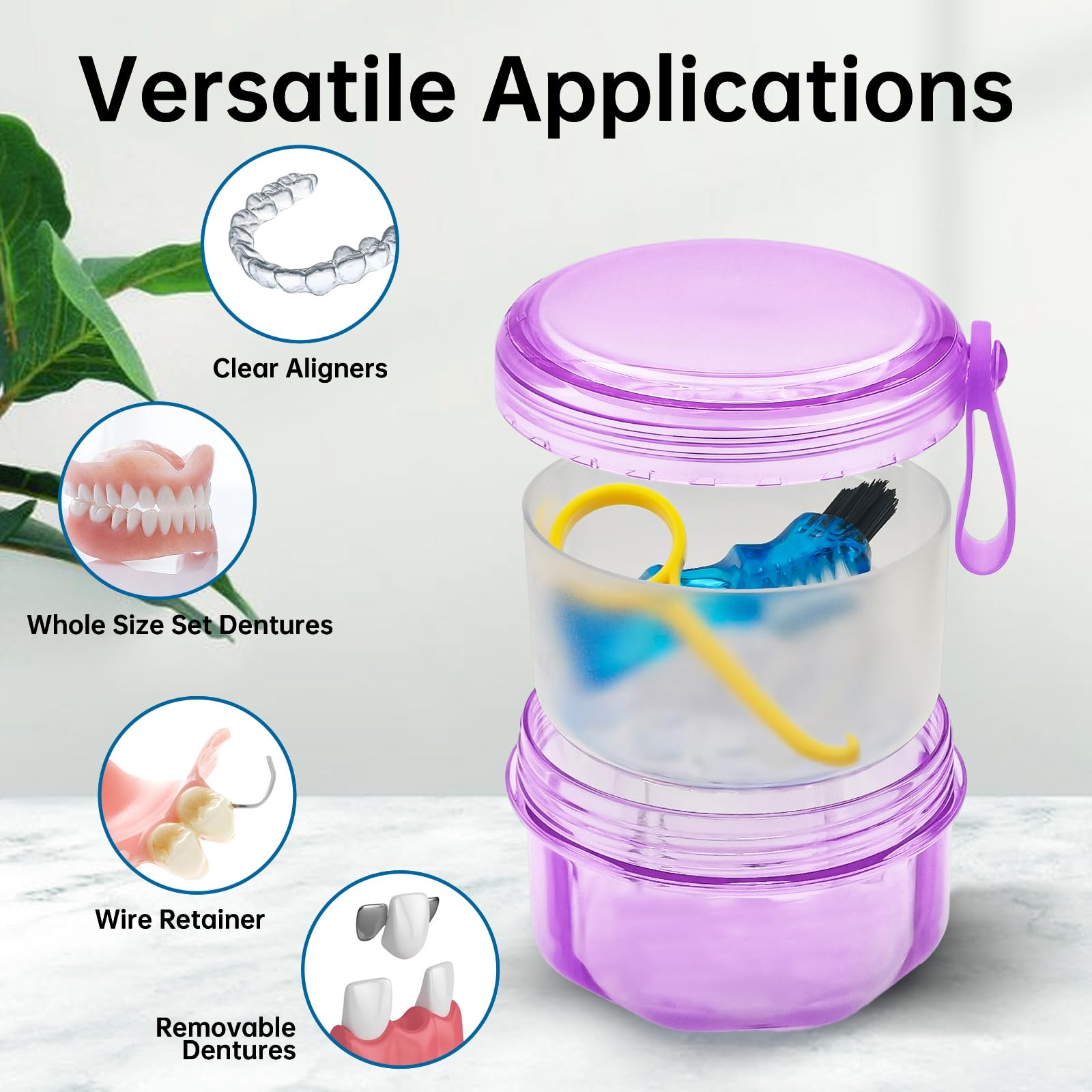 Leakproof Denture Case Purple Denture Soaking Cup with Strainer Basket