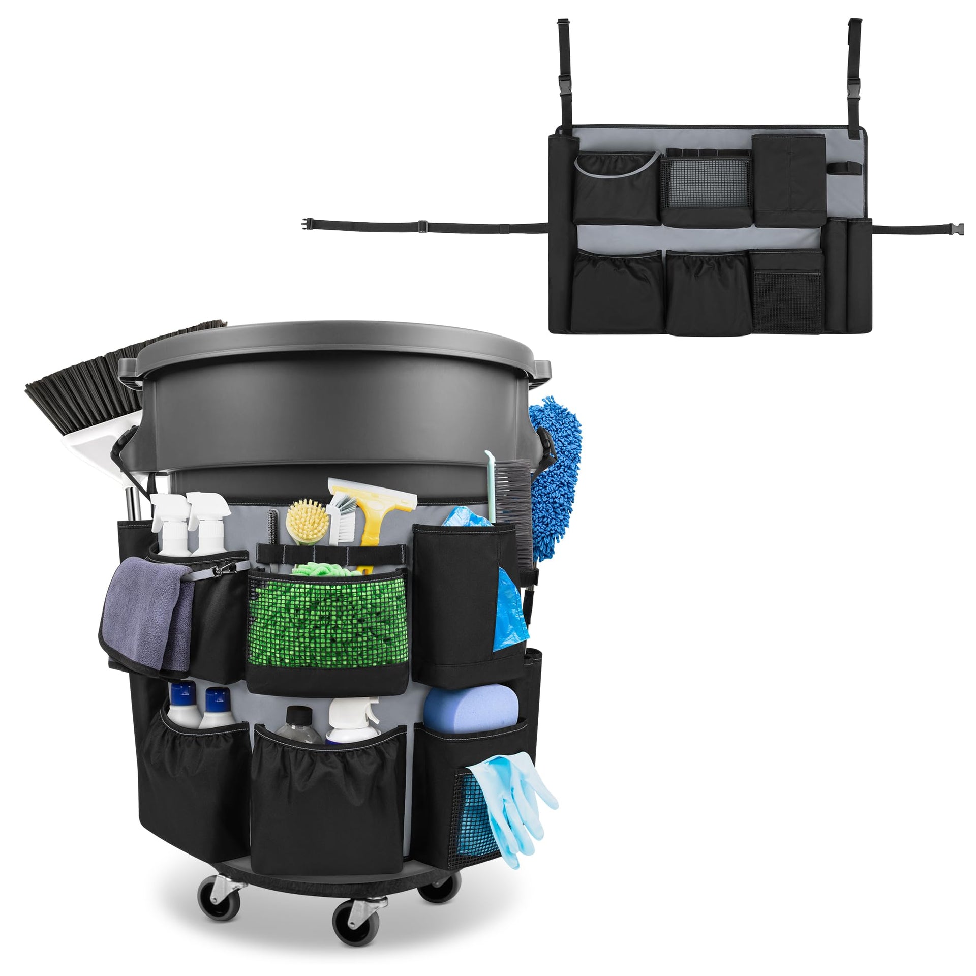 32 55 Gallon Trash Can Caddy Bag with Multi Pockets for Clean Tools