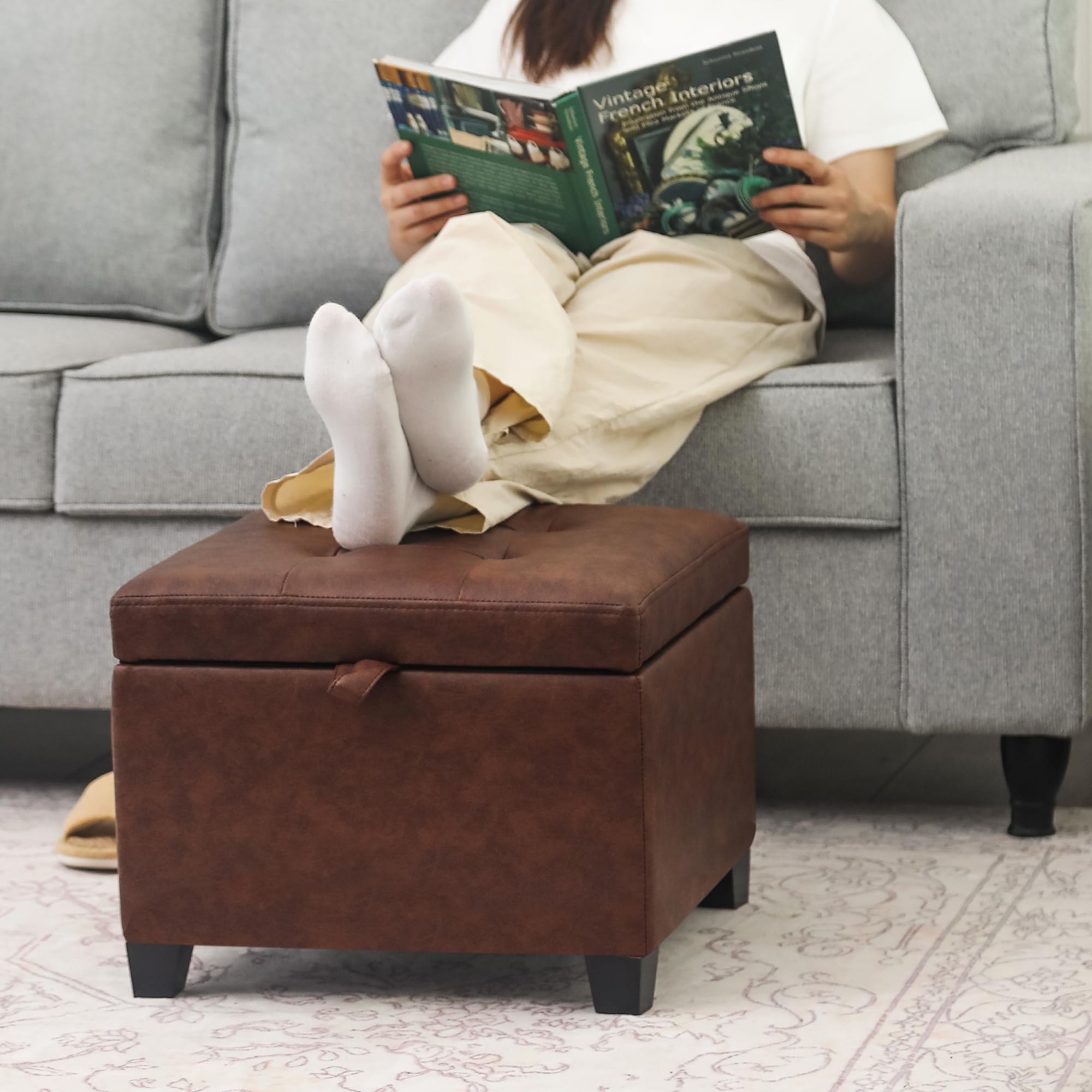 Faux Leather Storage Ottoman