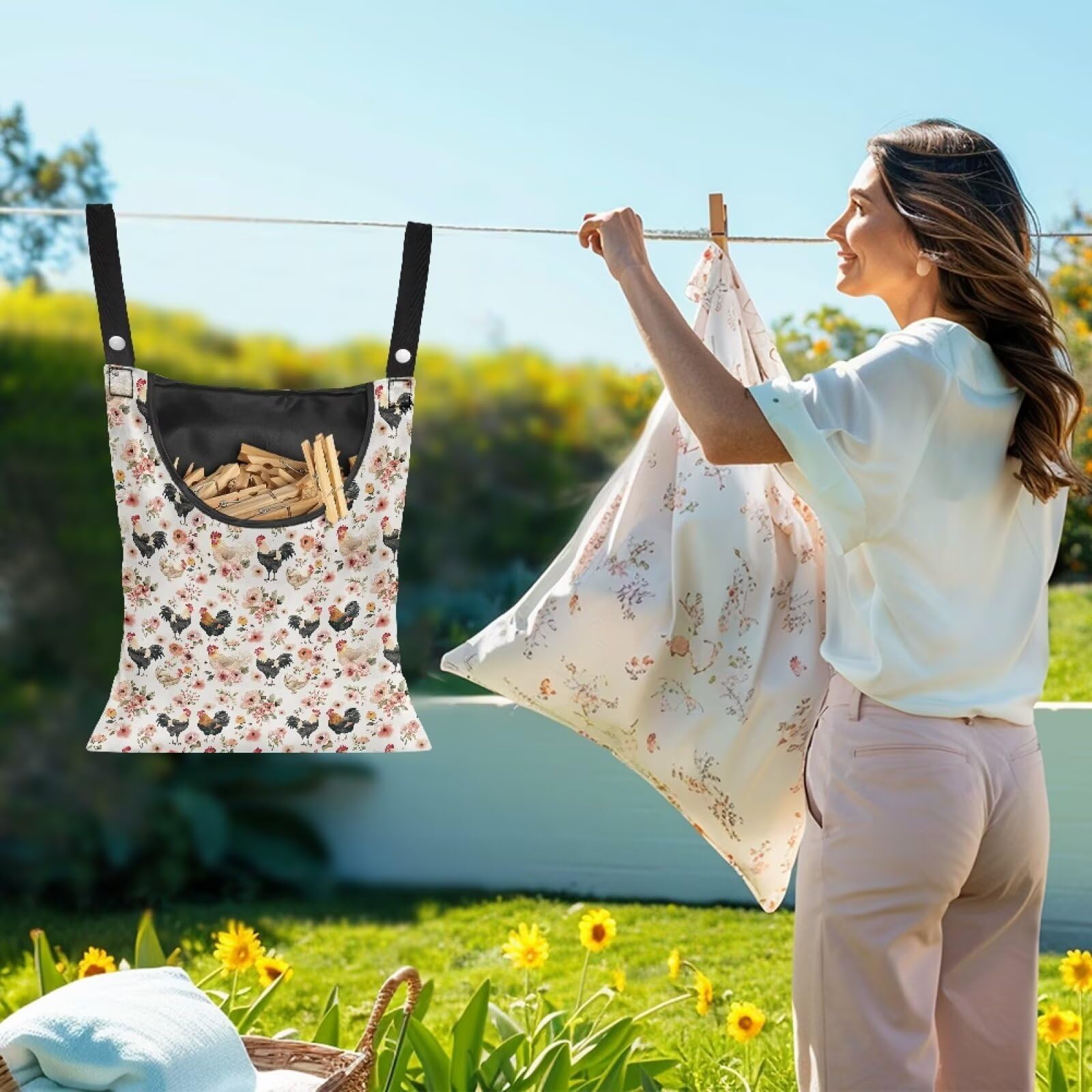 Chicken Clothespin Bag Flower Clothespin Storage with Hanger Hook Canvas Clothespins Bag with Large Opening Space