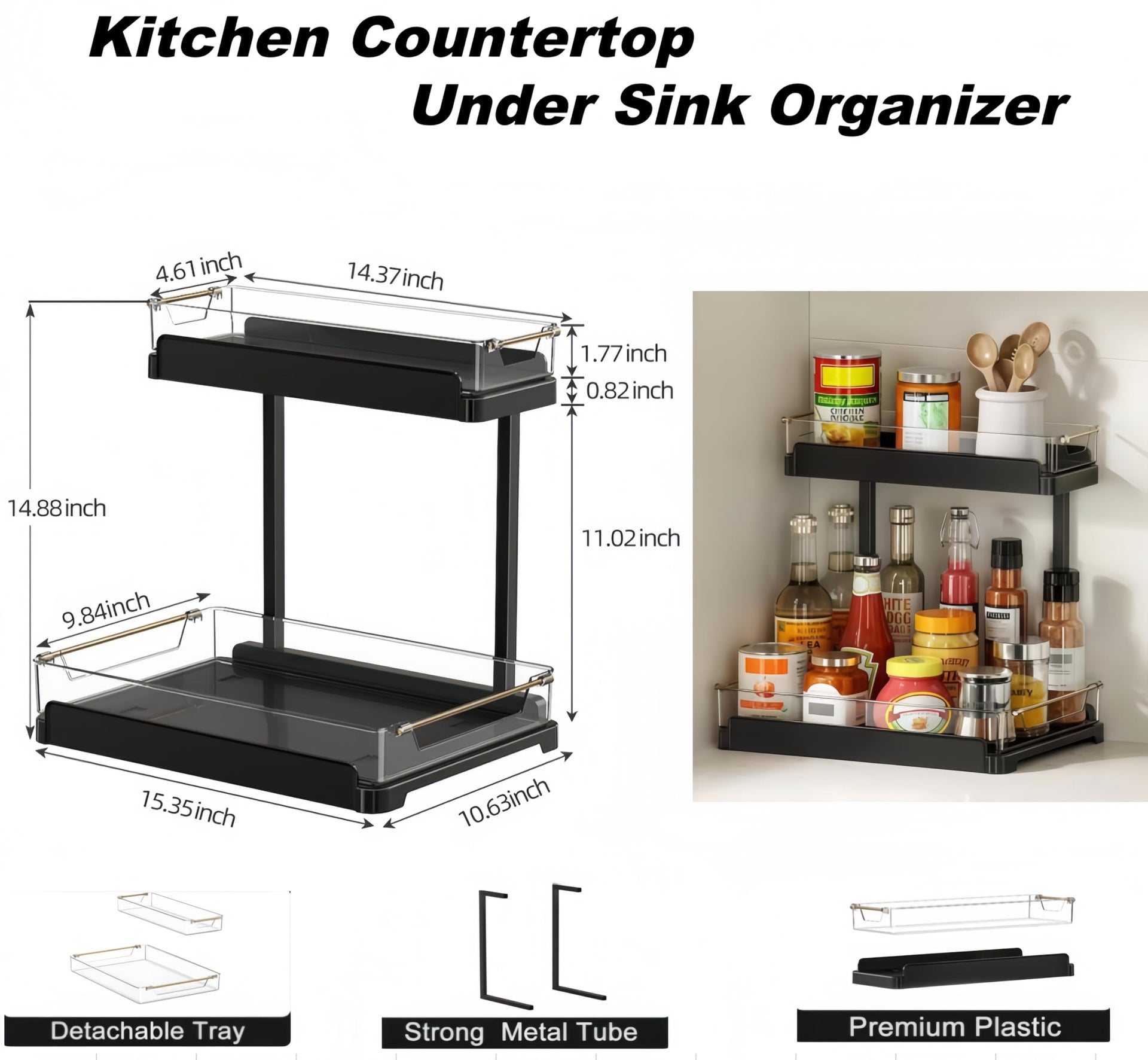 1 Pack Under Sink Storage Organizer for Kitchen & Bathroom Cabinets with Removable Washable Tray