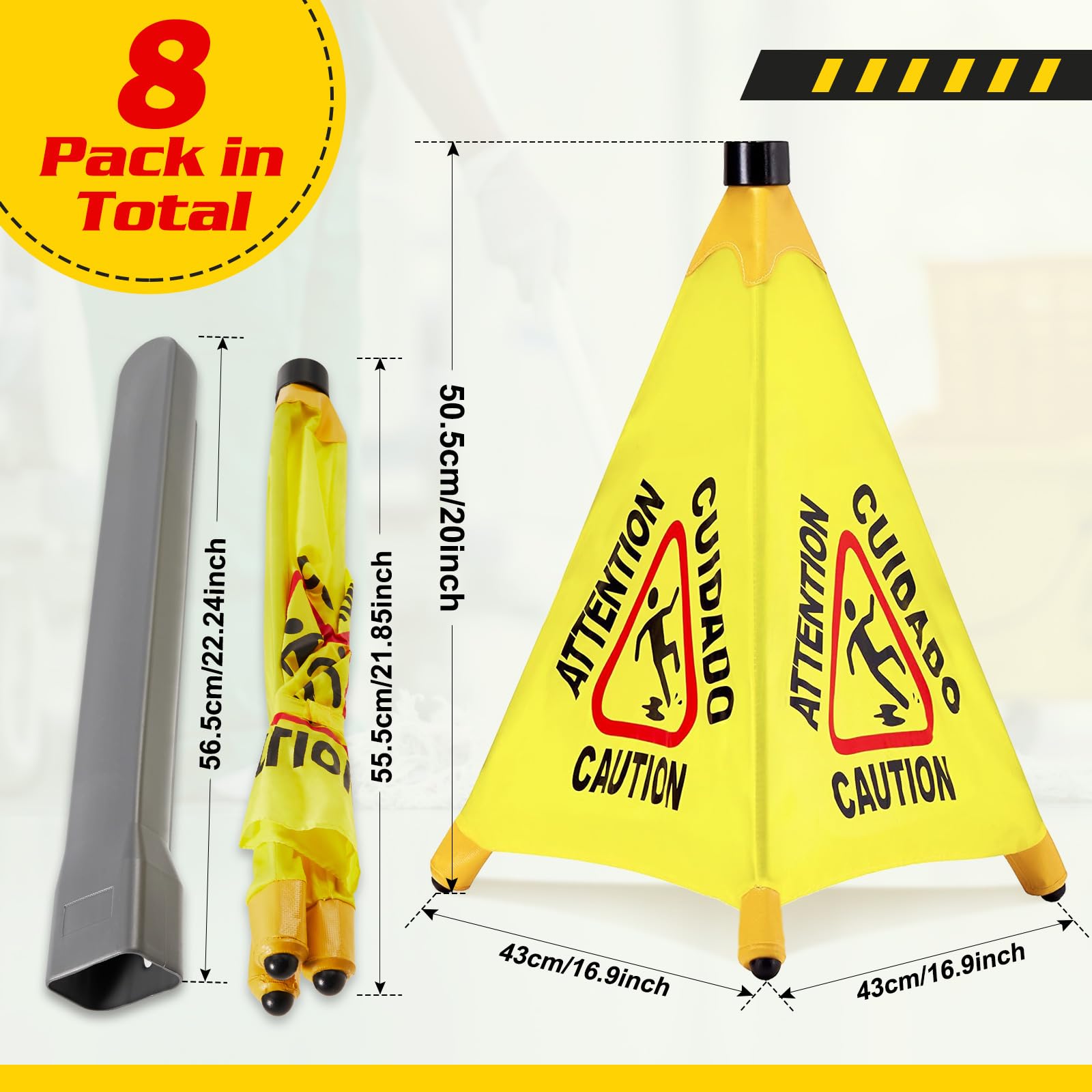 8 Pcs Pop up Wet Floor Sign with Storage Tube 20 Inch Wet Safety Signs Commercial Caution Safety Cone Pop up Caution Sign for Commercial Stores Grocery Restaurant Restroom Office Use (8 Count)