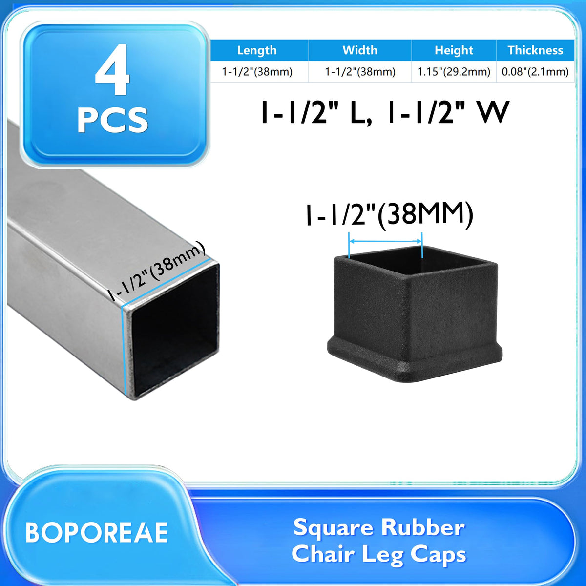 4 Pcs 1-1/2" x 1-1/2" Black Square Rubber Chair Leg Caps (4 Count)