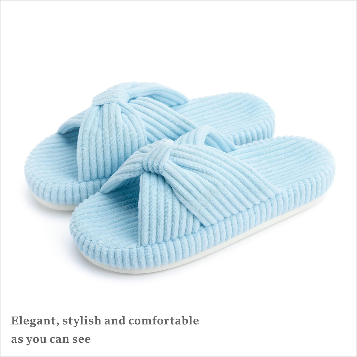 Slippers for Women Memory Foam House Bedroom Corduroy Bow Crossbands Slipper Shoes Comfy Trendy Gift Slippers Light Blue Size 9 10 8.5