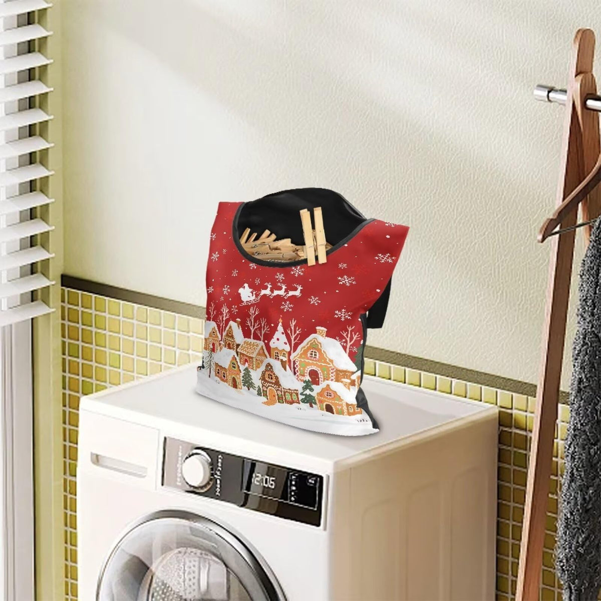 Red Christmas Village Laundry Clothespin Bags Hanging Storage Organizer 12 x 14.5 Inch Clothes Pin Bag Waterproof Clothespin Bag Clothespins Holder Large Opening and Hanging Rope