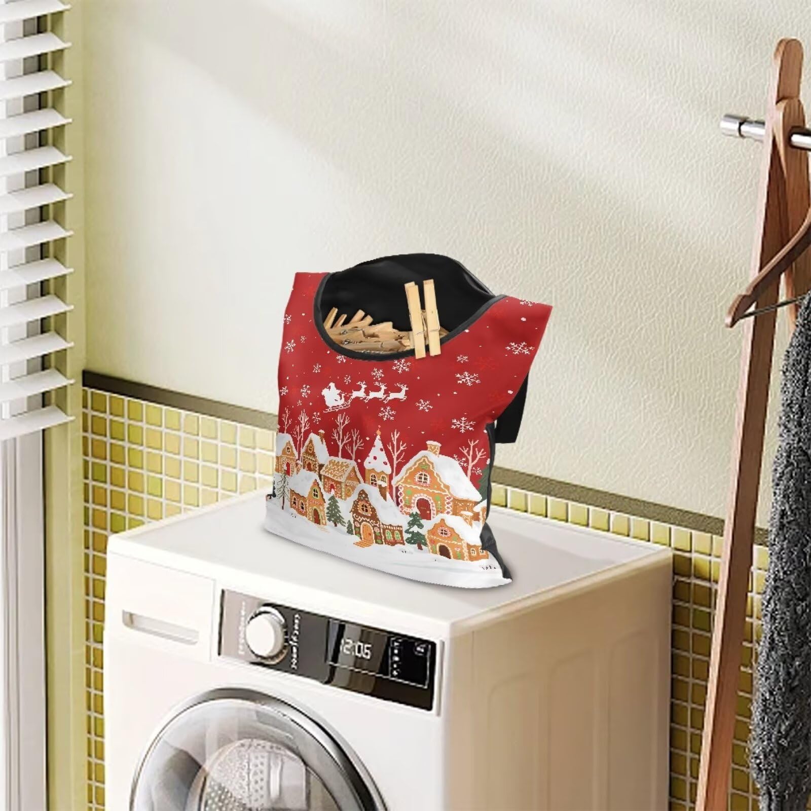 Red Christmas Village Laundry Clothespin Bags Hanging Storage Organizer 12 x 14.5 Inch Clothes Pin Bag Waterproof Clothespin Bag Clothespins Holder Large Opening and Hanging Rope