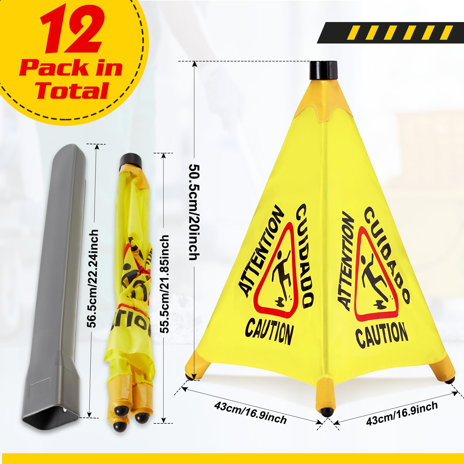 12 Pcs Pop up Wet Floor Sign with Storage Tube 20 Inch Wet Safety Signs Commercial Caution Safety Cone Pop up Caution Sign for Commercial Stores Grocery Restaurant Restroom Office Use (12 Count)