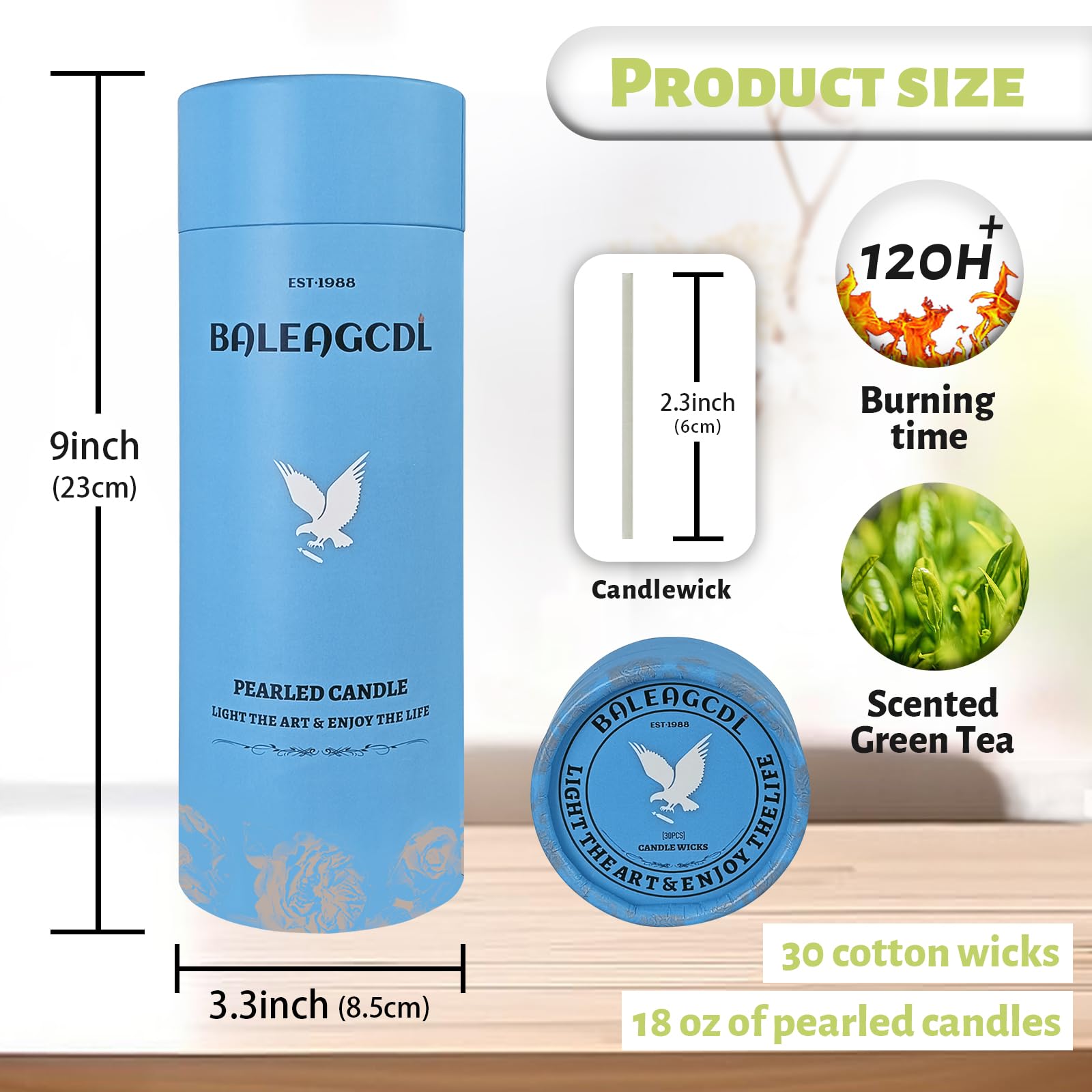 Green Tea Scented Light Green Pearled Candle 18oz Luxury Sand Candle Granulated Wax 30 Cotton Wicks Wax for Candle Making Decorative Candles Smooth and Clean Burning Lasts up to 120 Hours (18 Ounce)