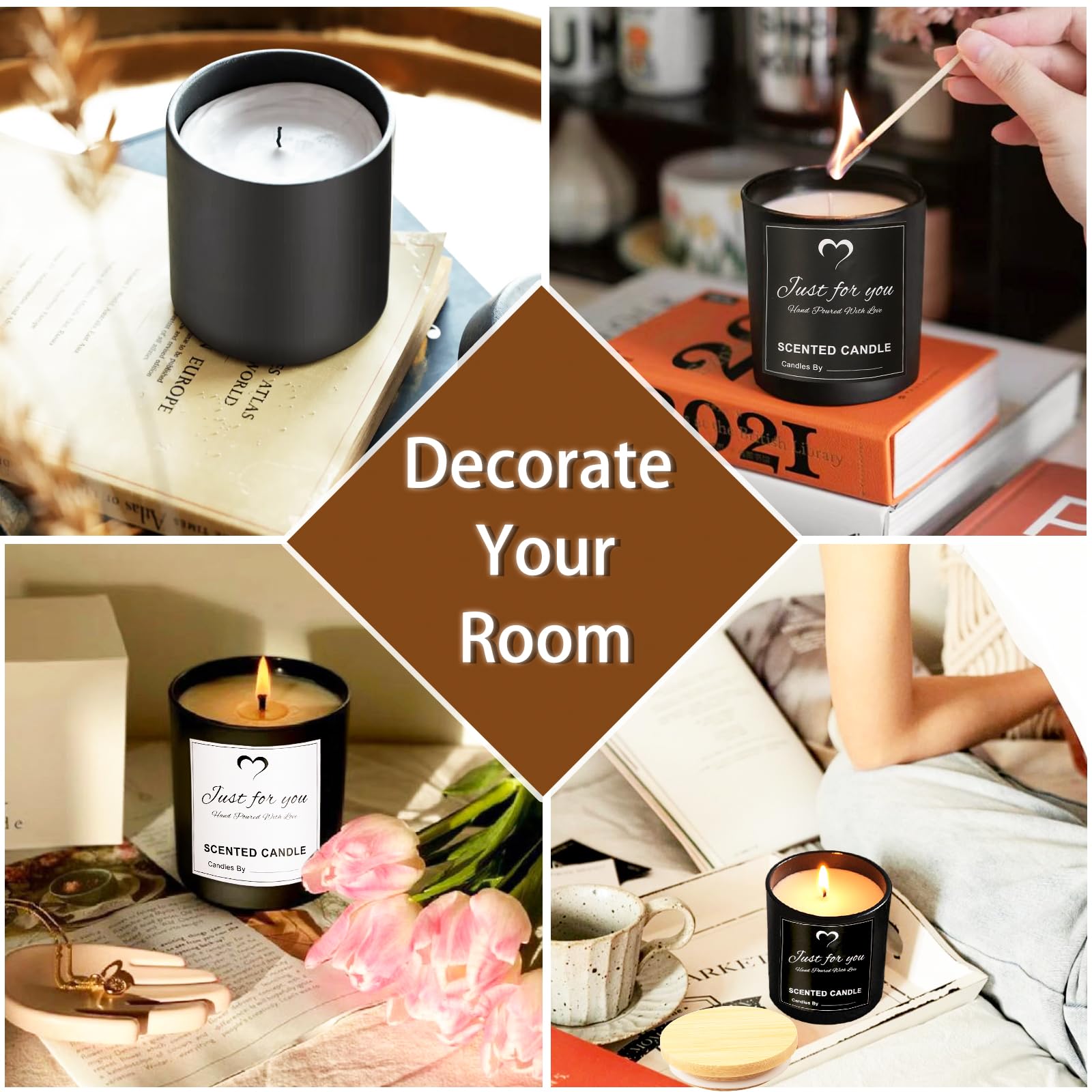 8 Pack 14 OZ Black Glass Candle Jars with Bamboo Lids (8 Count)